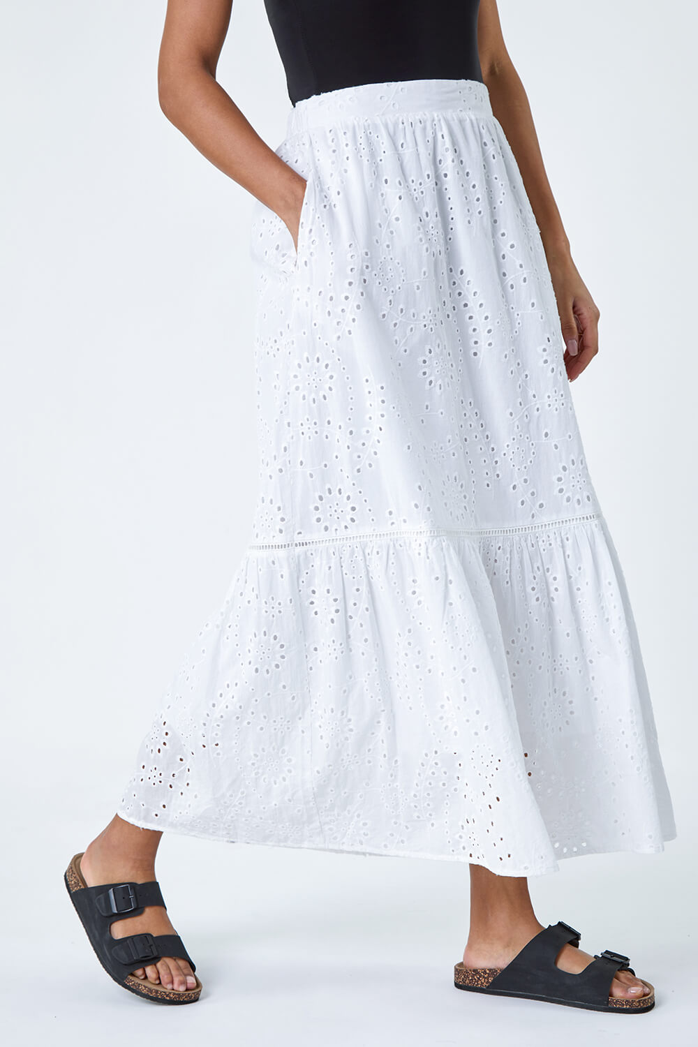 White Cotton Broderie Pocket Midi Skirt, Image 4 of 5