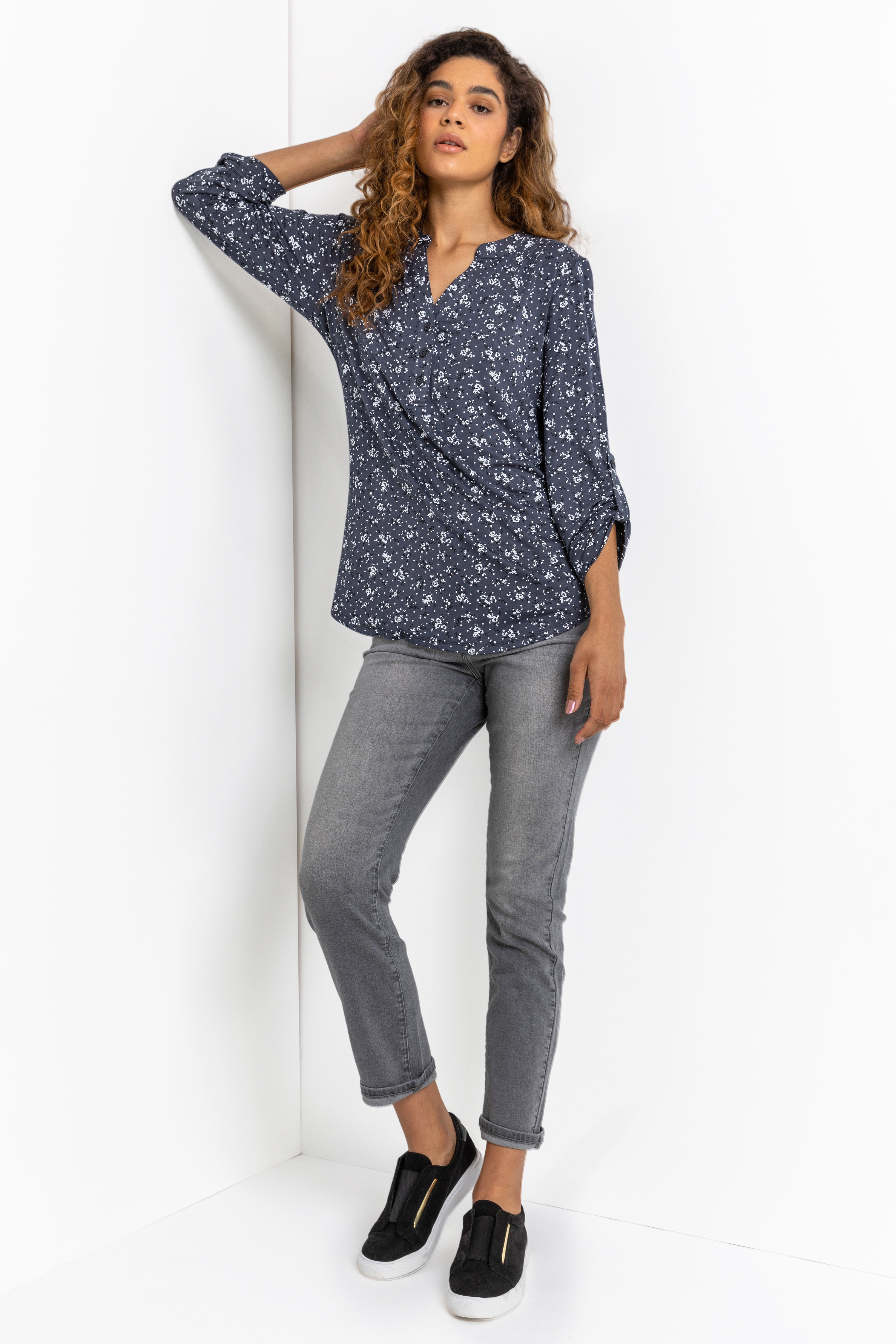 Blue & Grey Ditsy Floral Notch Neck Top, Image 3 of 5