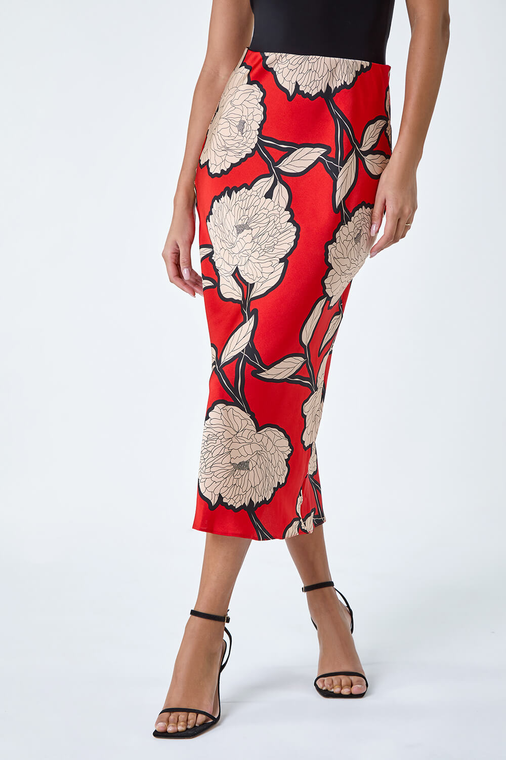 ORANGE Floral Satin Bias Cut Midi Skirt, Image 4 of 5