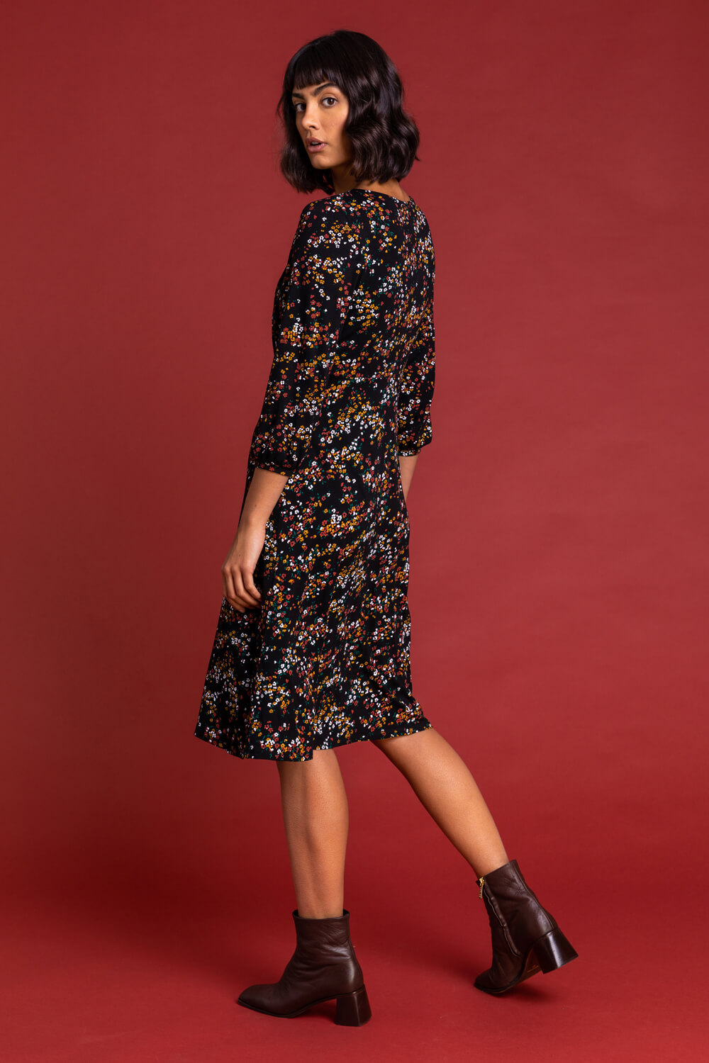 Rust Square Neck Ditsy Floral Dress, Image 2 of 6