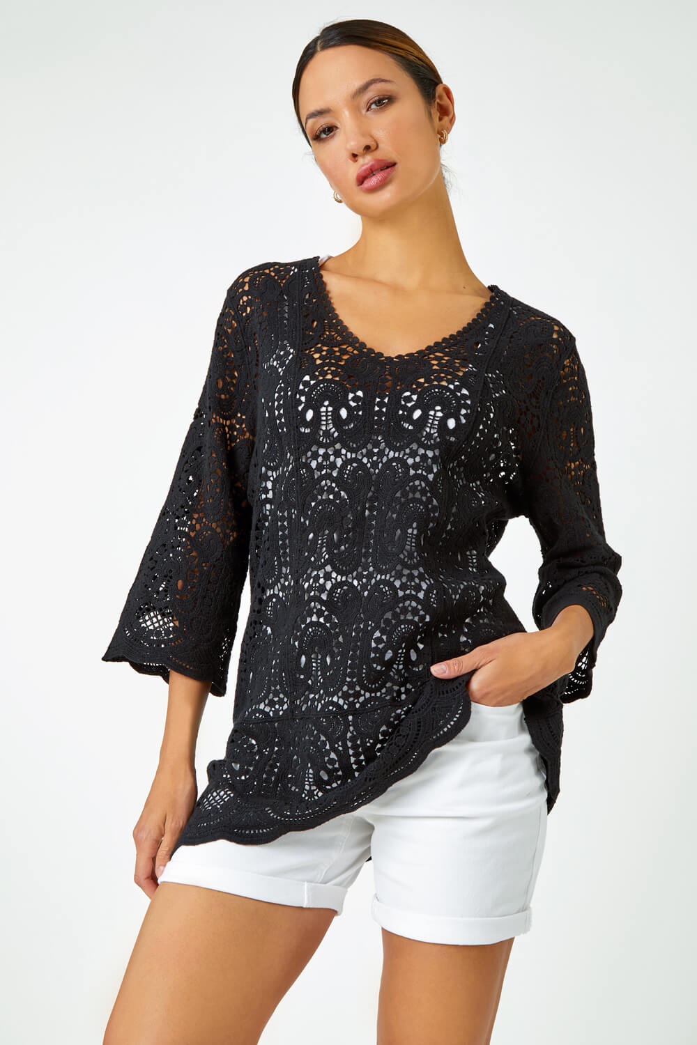Black Cotton Crochet Tunic Top, Image 3 of 6
