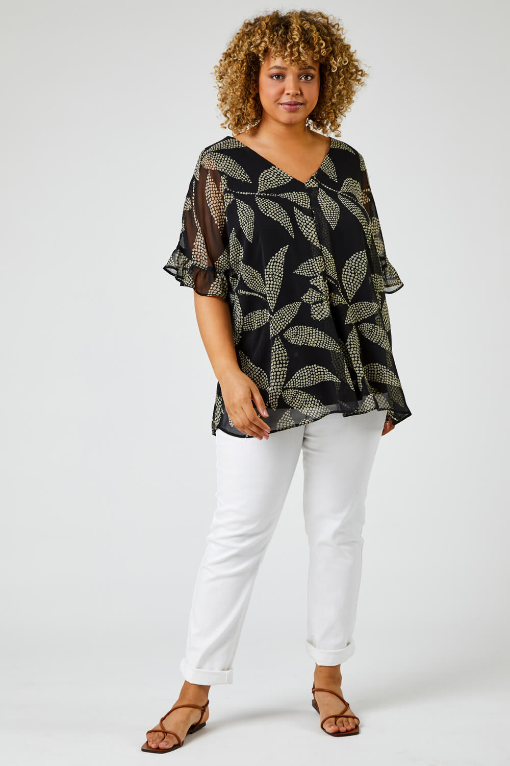 Black Curve Abstract Leaf Print Chiffon Overlay Top, Image 5 of 6