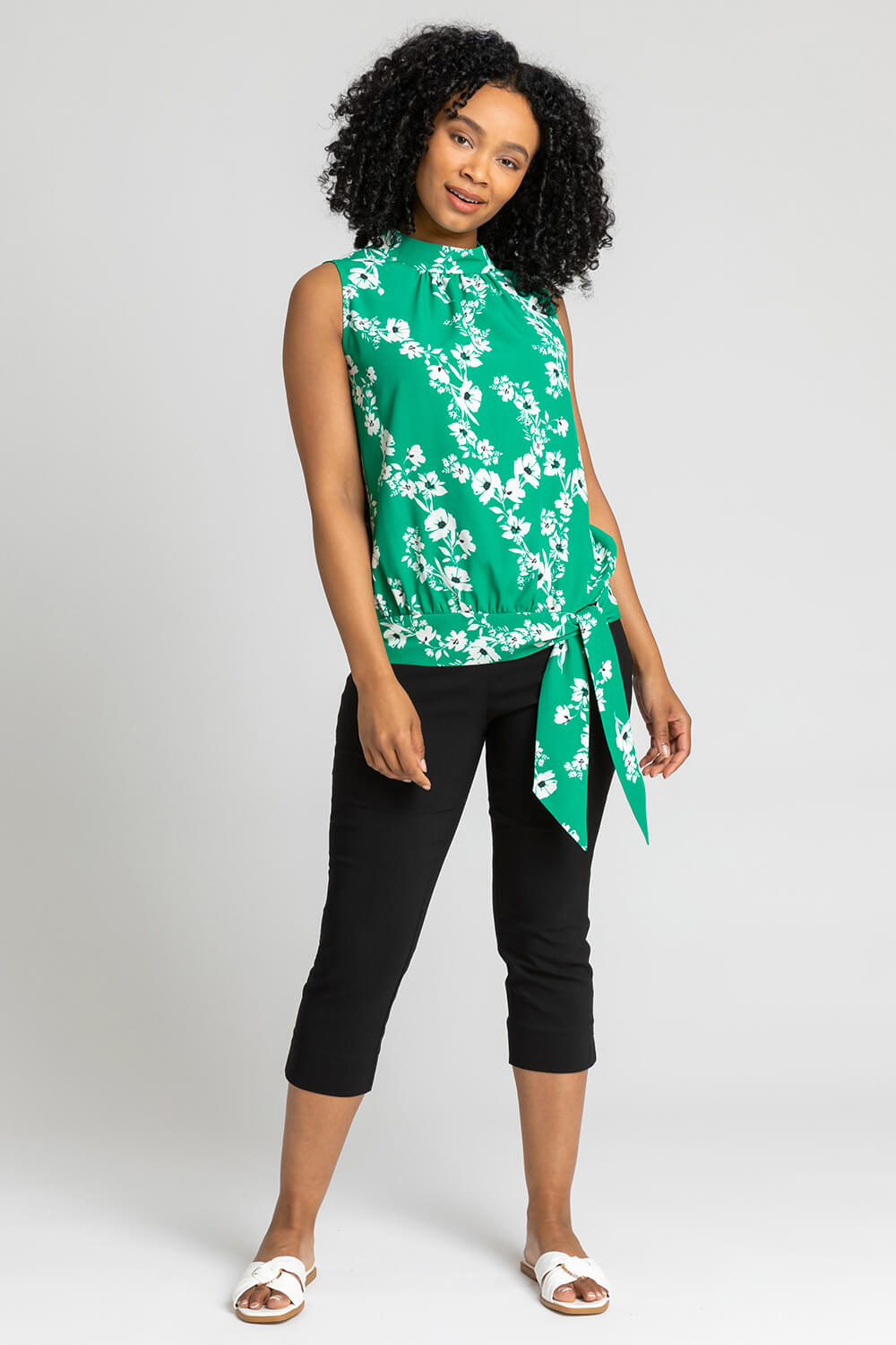 Green Petite Floral Print High Neck Tie Top, Image 3 of 5