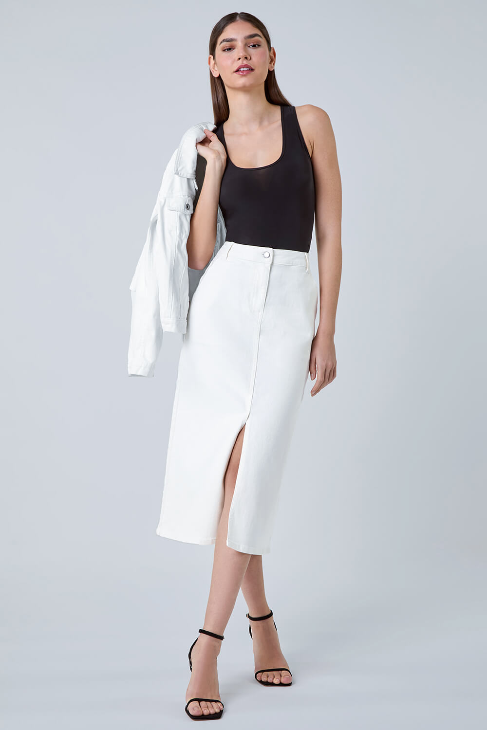White Cotton Blend Denim Stretch Midi Skirt, Image 2 of 5