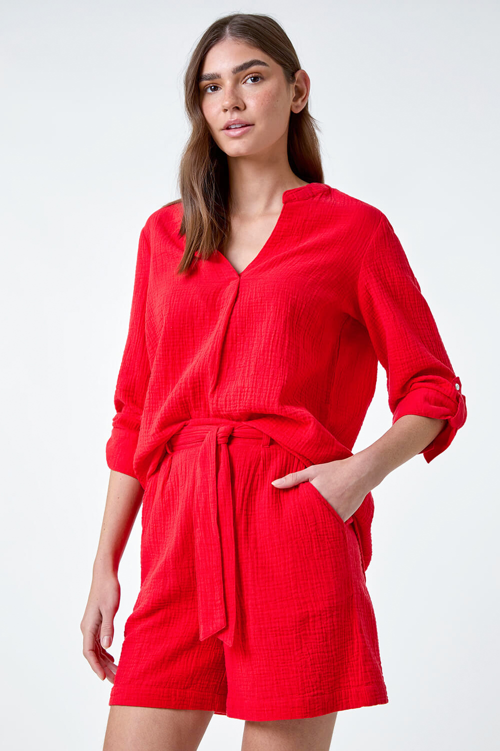 Red Pleat Detail Cotton Top, Image 4 of 5