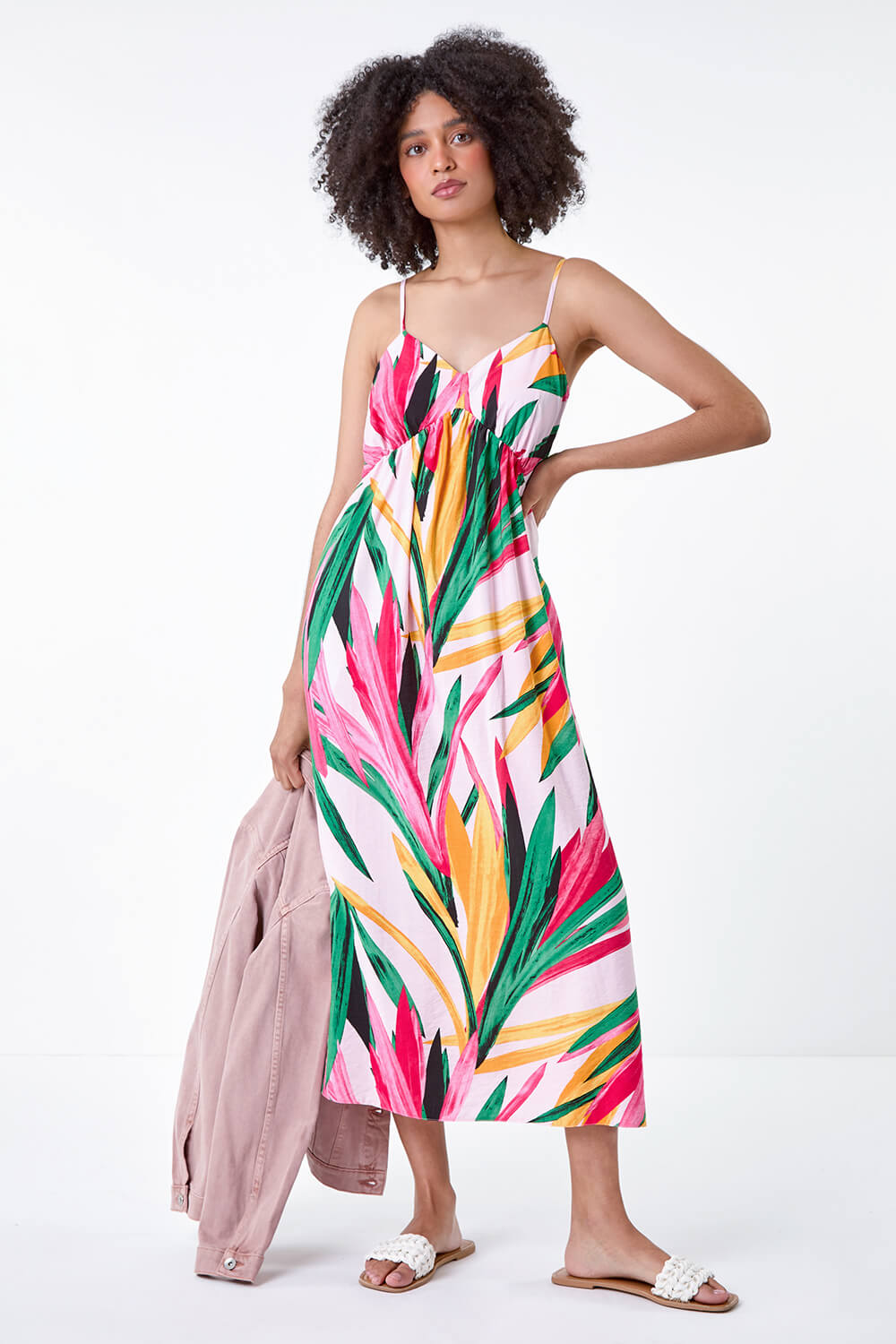 Light Pink Tropical Leaf Tie Detail Midi Dress, Image 2 of 5