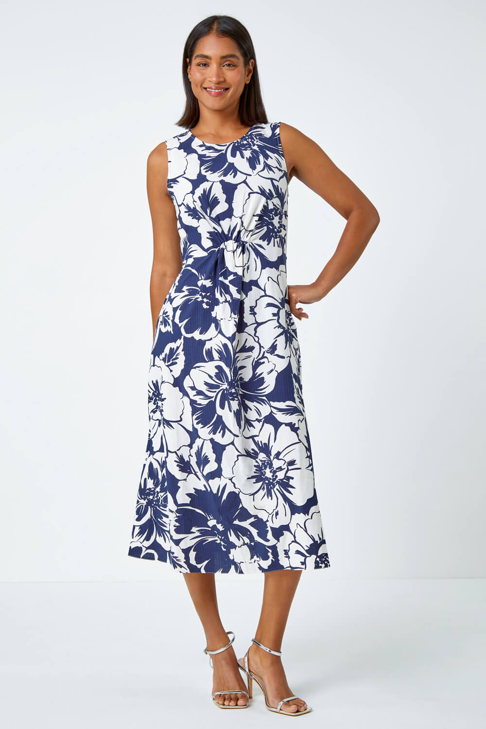 Navy  Sleeveless Cotton Blend Floral Midi Dress, Image 2 of 5