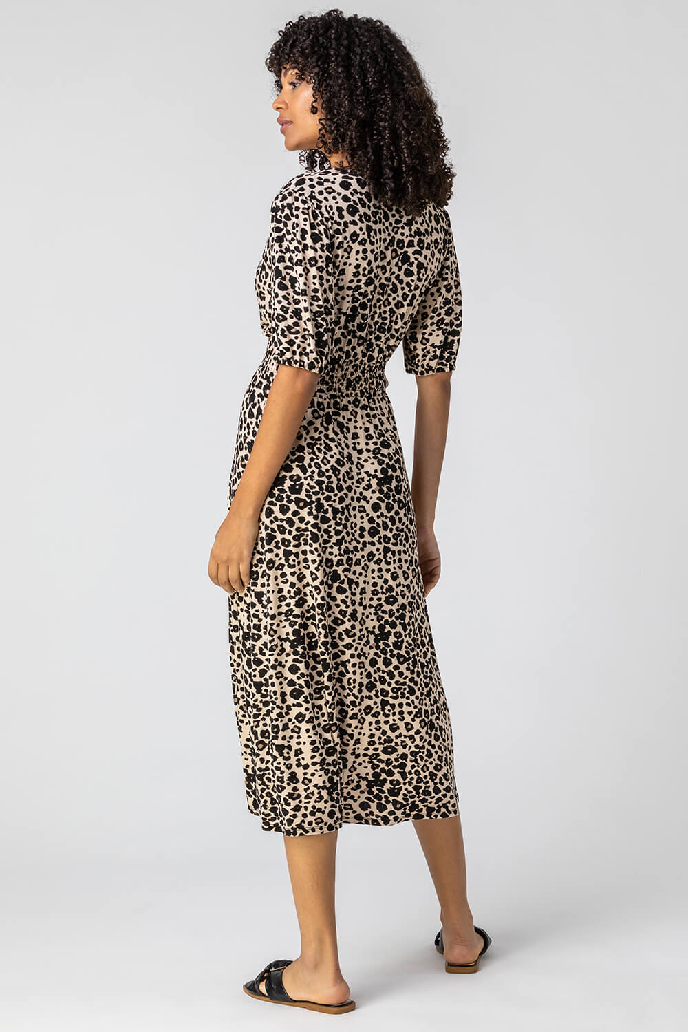 Taupe Leopard Print Midi Wrap Dress, Image 2 of 5
