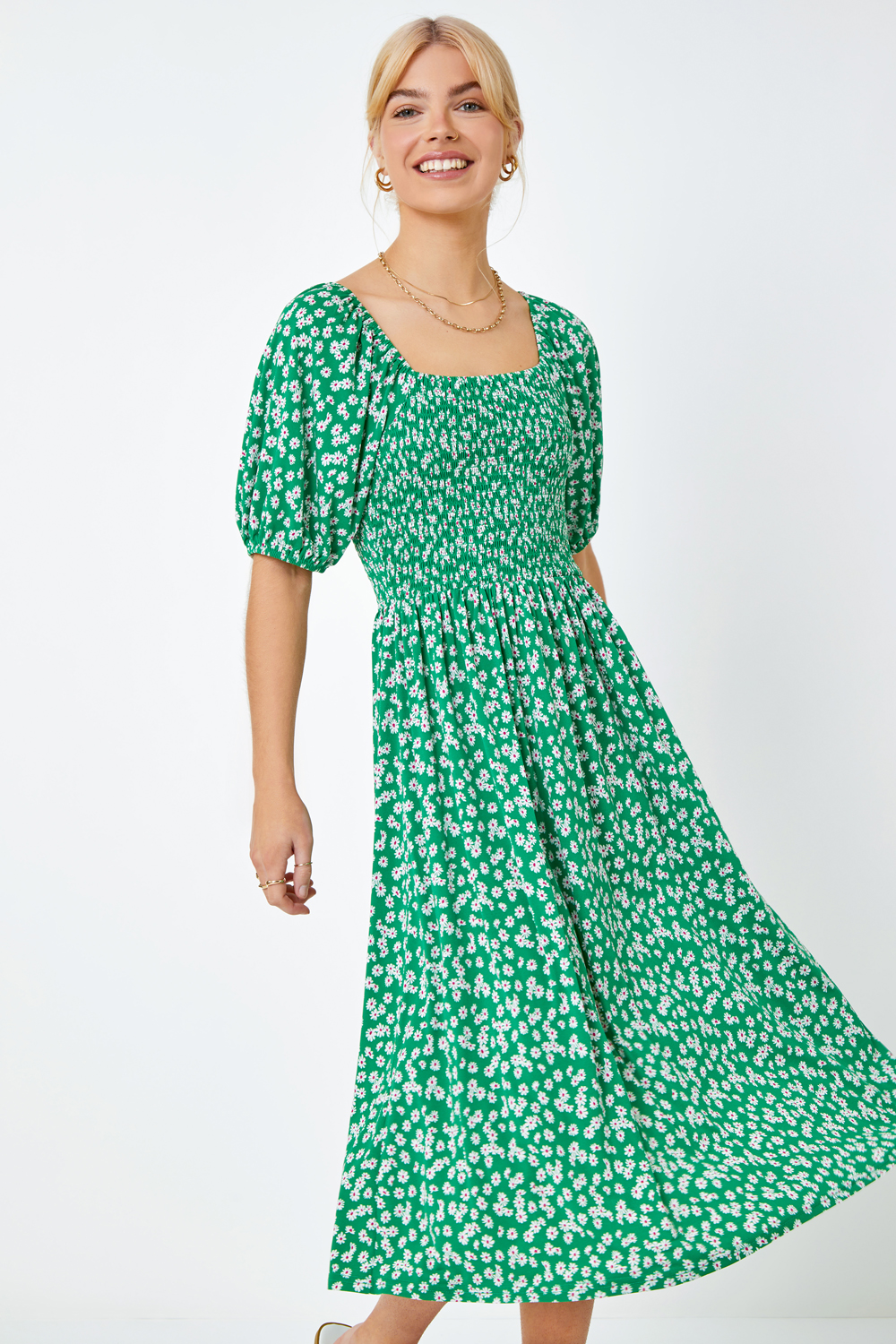 Green Ditsy Floral Print Shirred Dress, Image 4 of 5
