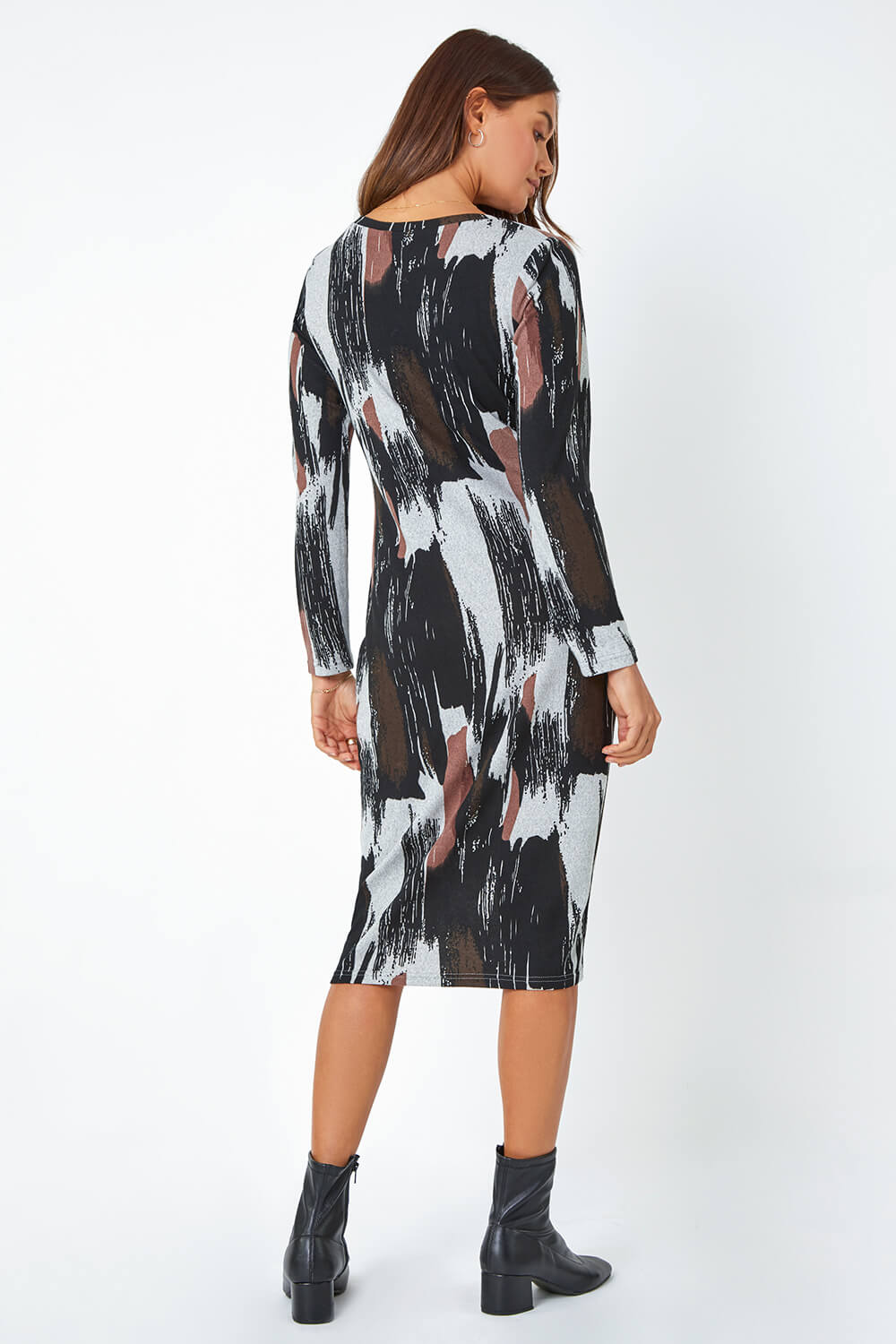 KHAKI Abstract Print Midi Stretch Dress, Image 3 of 5