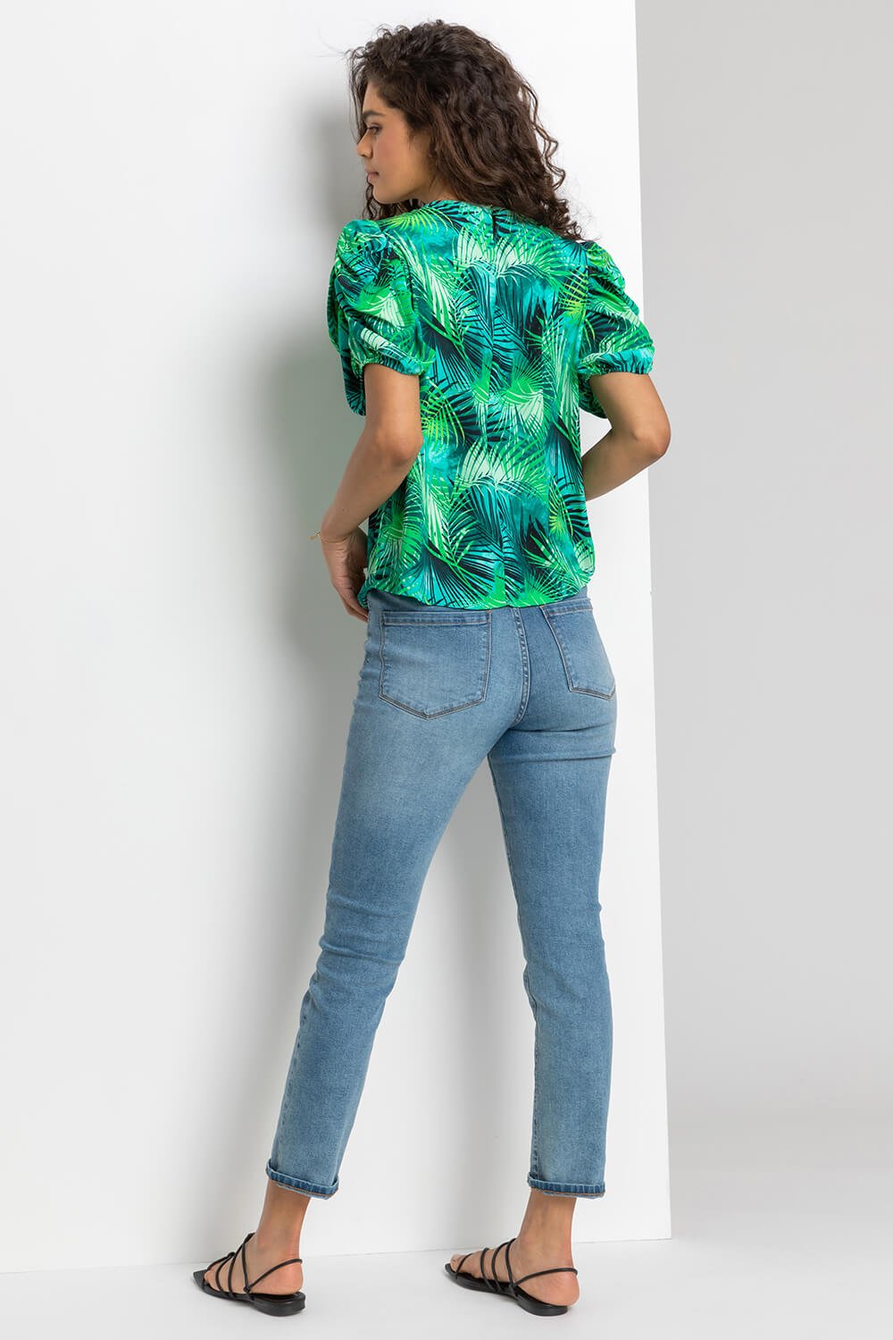 Green Tropical Print Puff Sleeve Top, Image 2 of 4