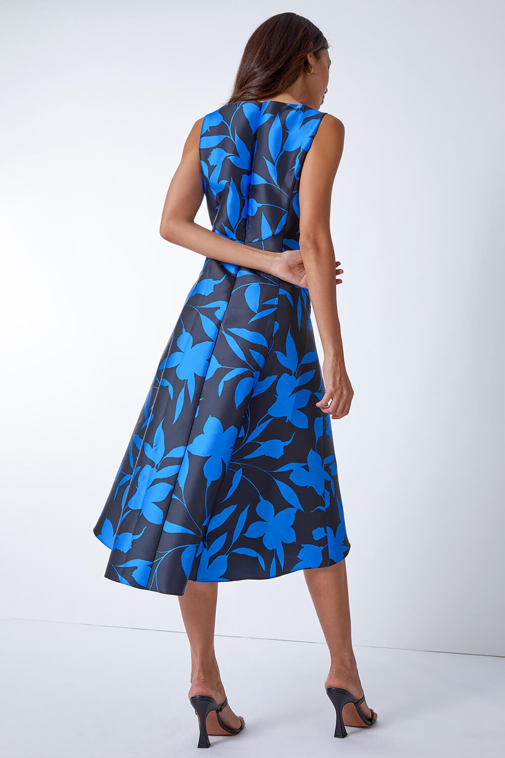 Royal Blue Floral Print Dipped Hem Jacquard Dress , Image 3 of 5