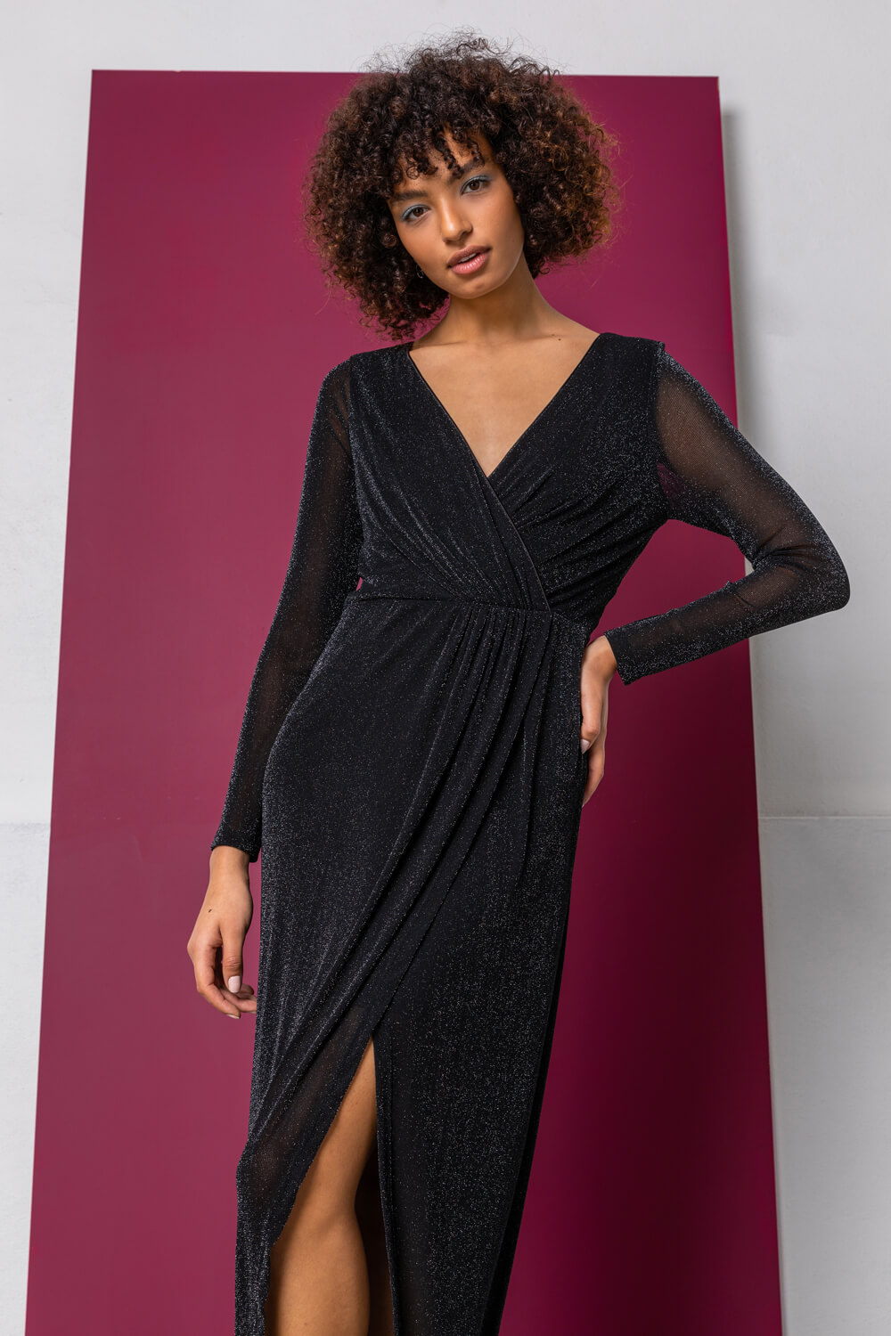 Shimmer Wrap Fitted Maxi Dress in Black - Roman Originals UK