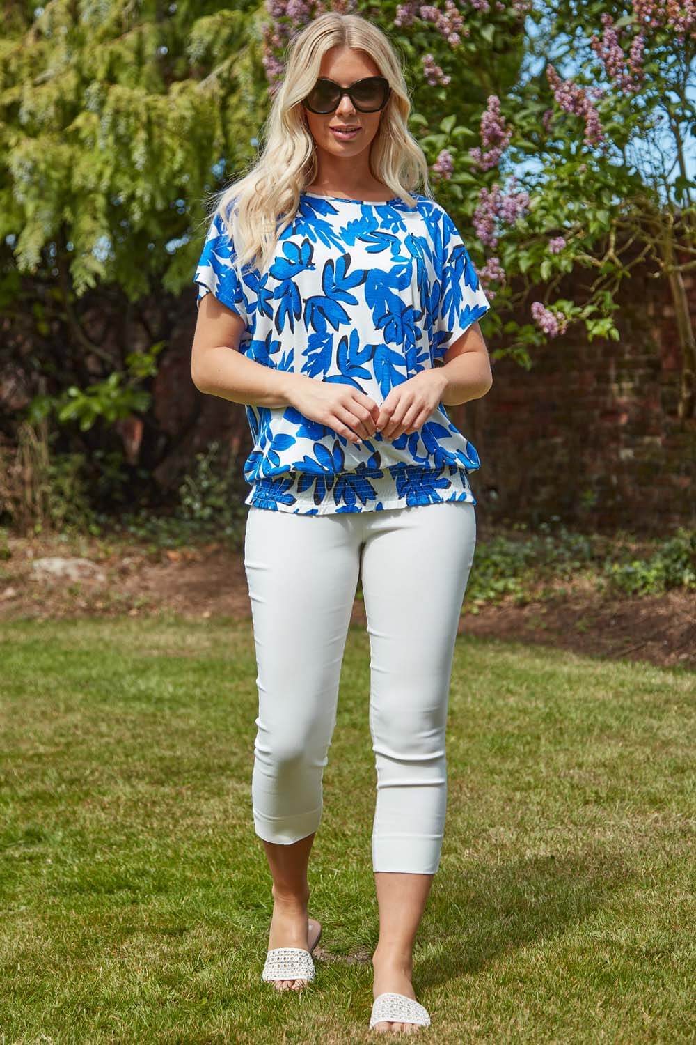 Royal Blue Shirred Hem Tropical Floral Print T-Shirt, Image 3 of 3