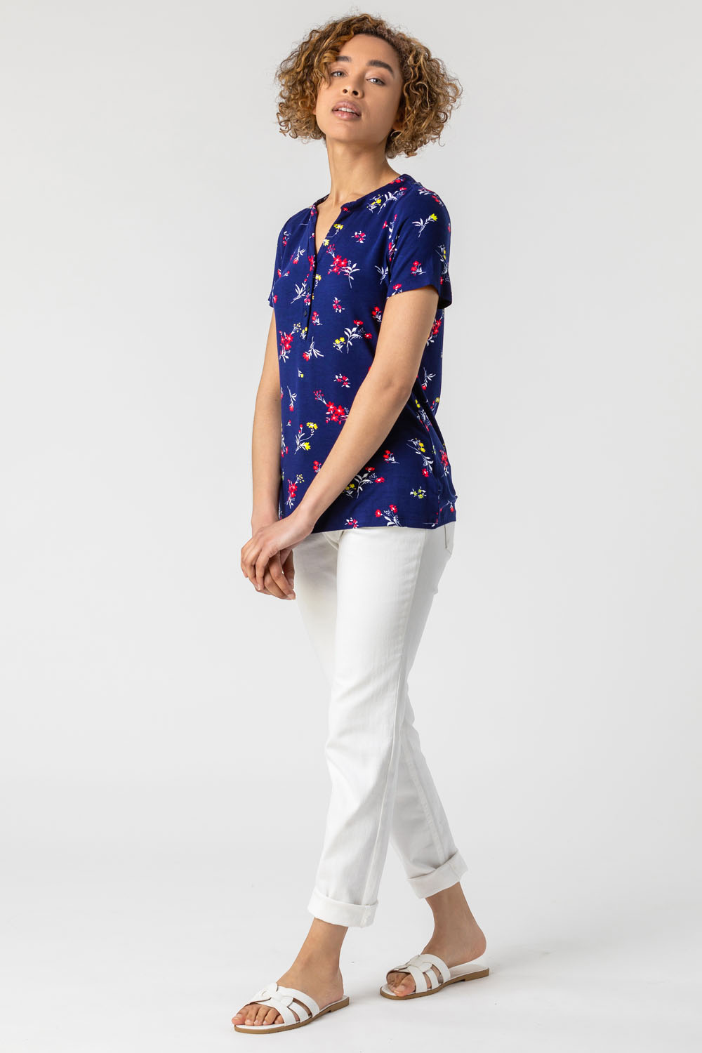 Navy  Floral Button Front T-Shirt, Image 3 of 5