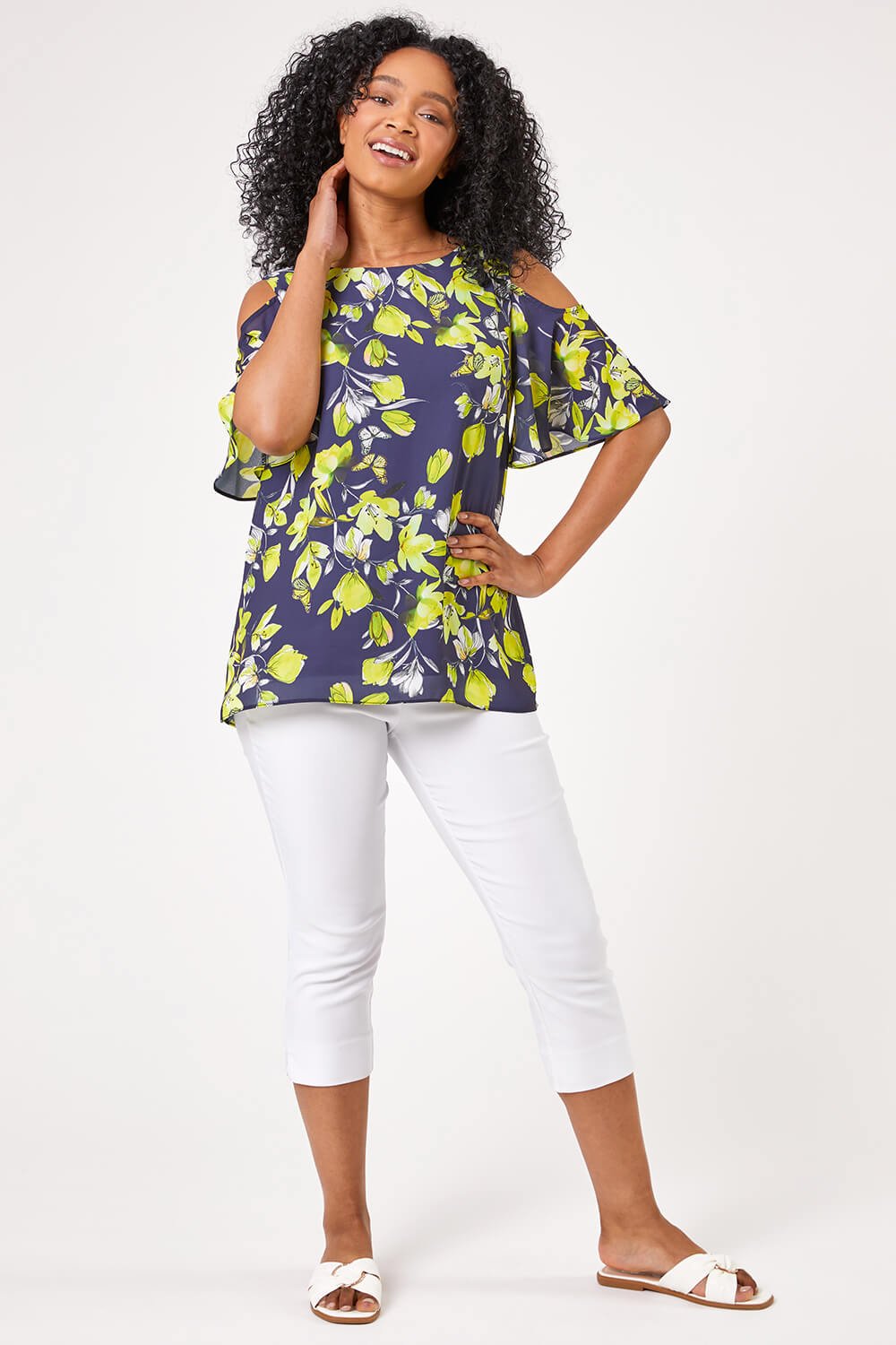 Navy  Petite Floral Print Cold Shoulder Chiffon Top, Image 3 of 4