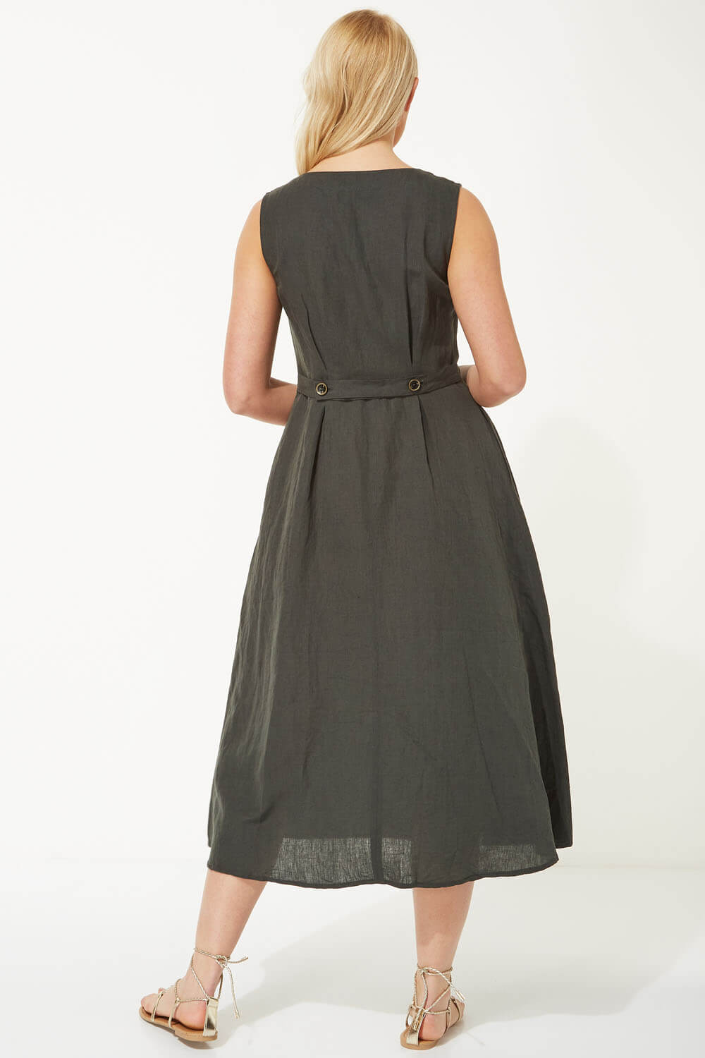 KHAKI Button Through Linen Midi Dress, Image 3 of 5