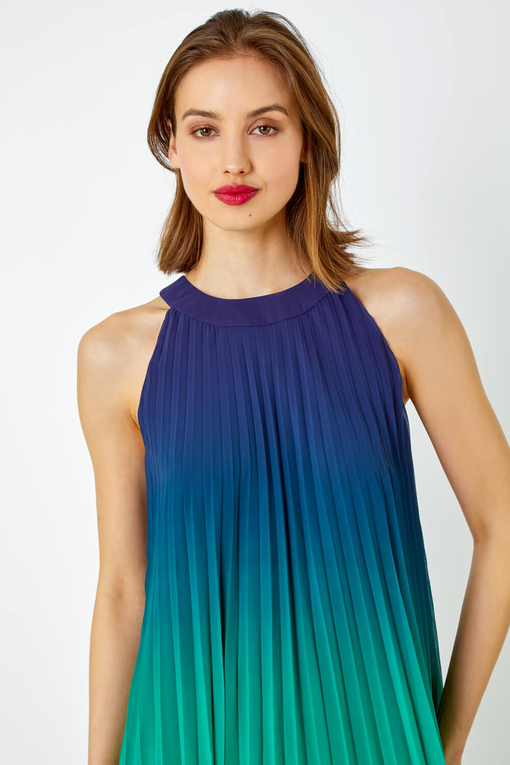 Navy  Ombre Halter Neck Pleated Swing Dress, Image 4 of 5