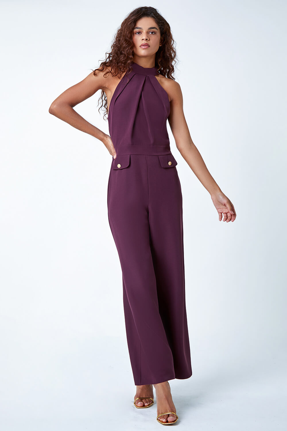 Wine Pleated Halter Neck Wide Leg Stretch Jumpsuit, Image 2 of 5