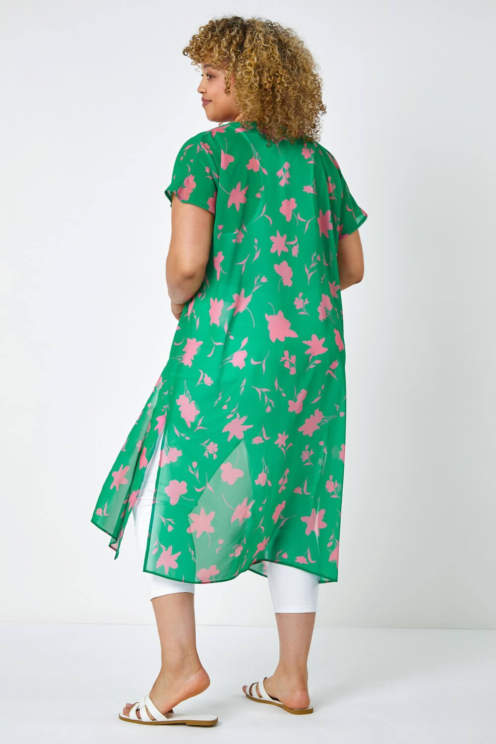 Green Curve Floral Print Longline Kimono, Image 3 of 5