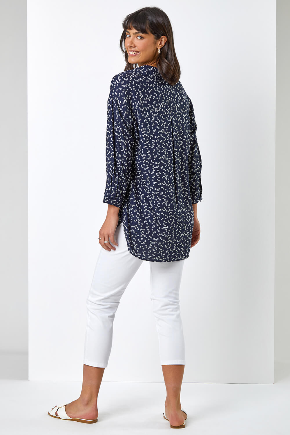 Navy  Ditsy Floral Print Overhead Shirt, Image 2 of 5