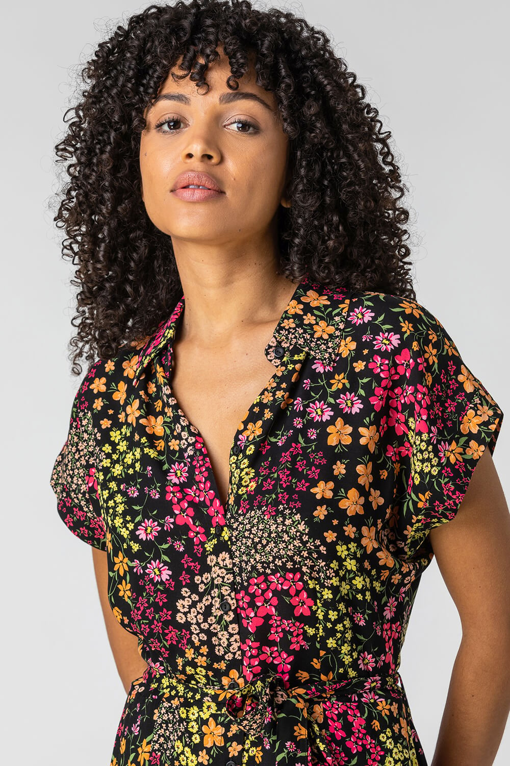 Contrast Floral Print Shirt Dress in Multi - Roman Originals UK