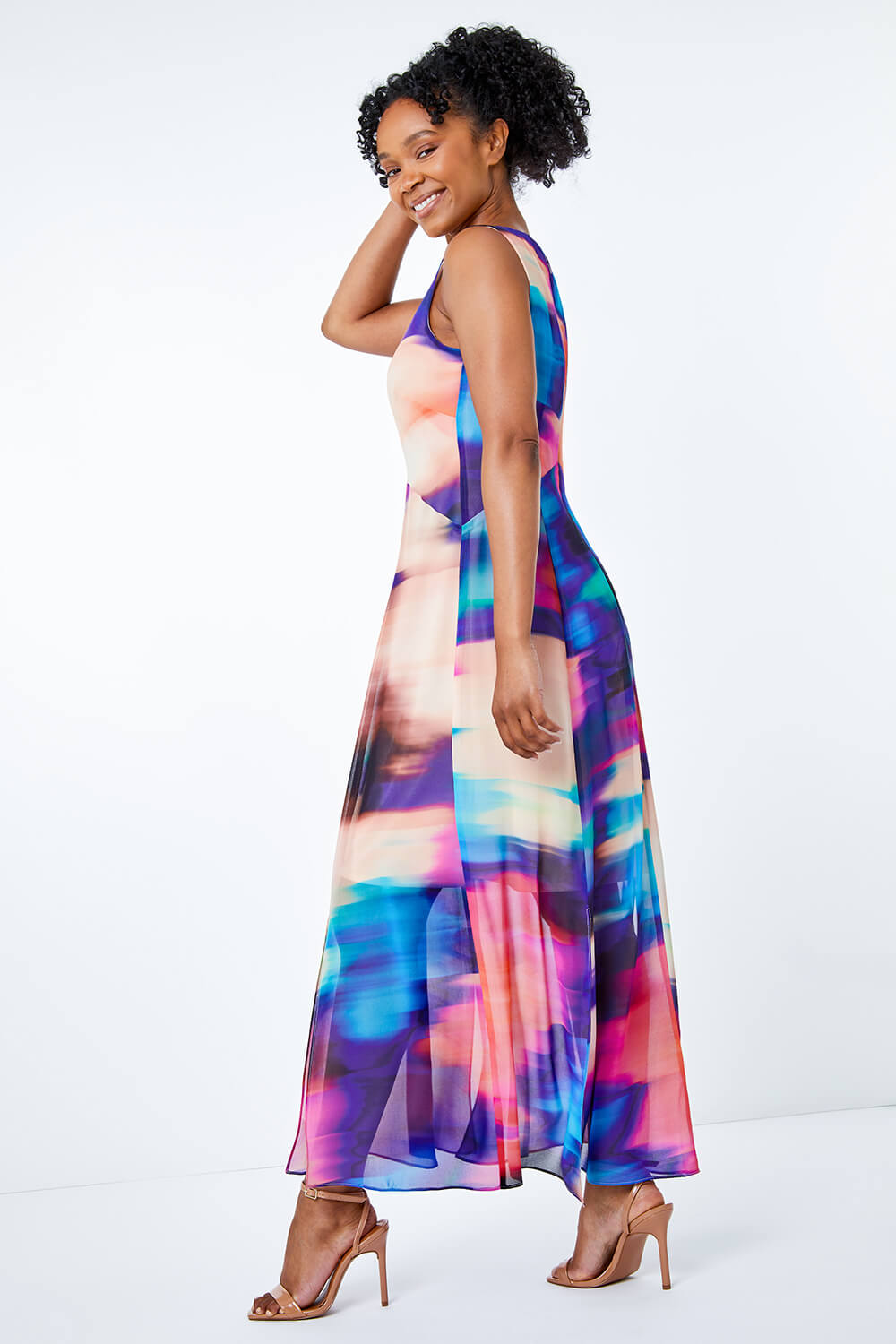 Blue Petite Abstract Print Chiffon Maxi Dress, Image 3 of 5