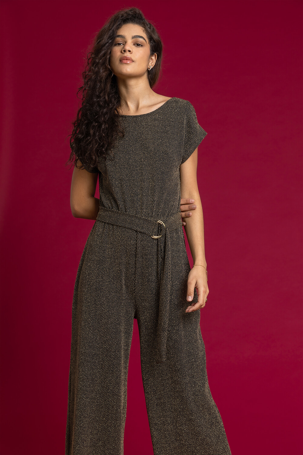 Wide Leg Belted Shimmer Jumpsuit in Gold - Roman Originals UK