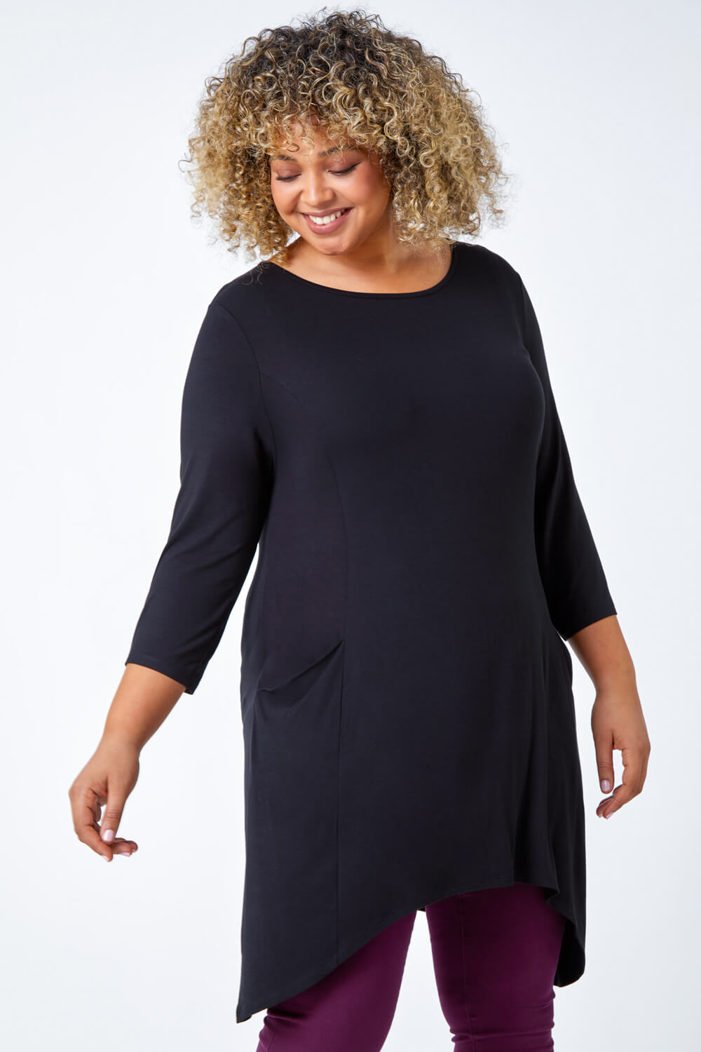 Black Curve Pocket Detail Stretch Tunic Top, Image 1 of 5