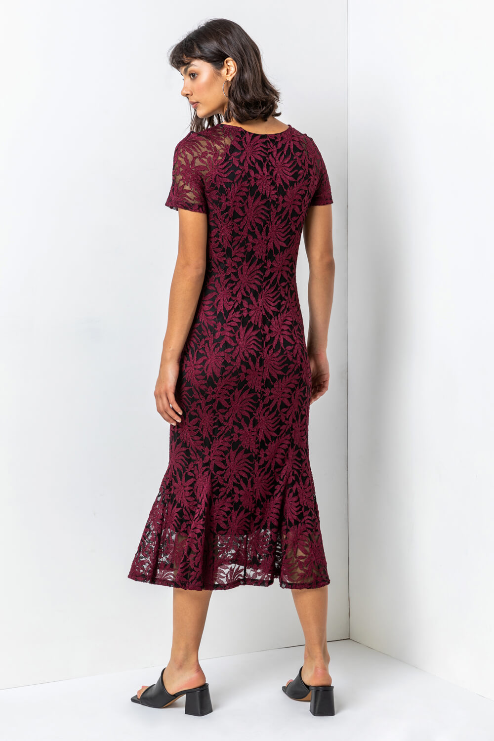 Wine Palm Print Lace Fitted Dress, Image 2 of 5