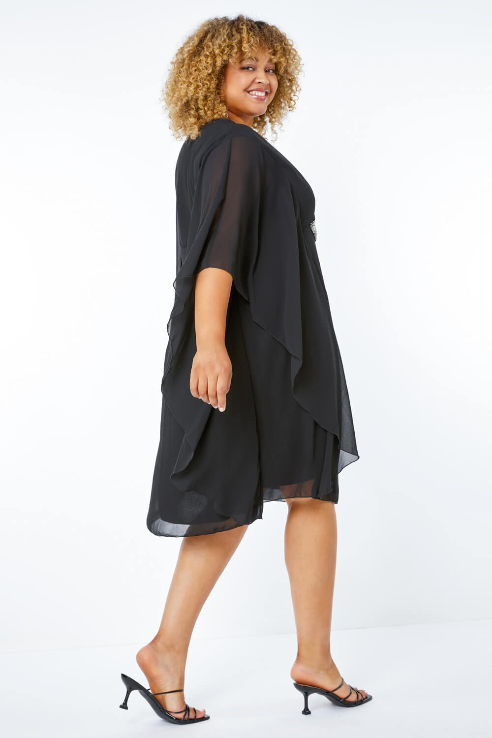 Black Curve Embellished Chiffon Overlay Dress, Image 2 of 4