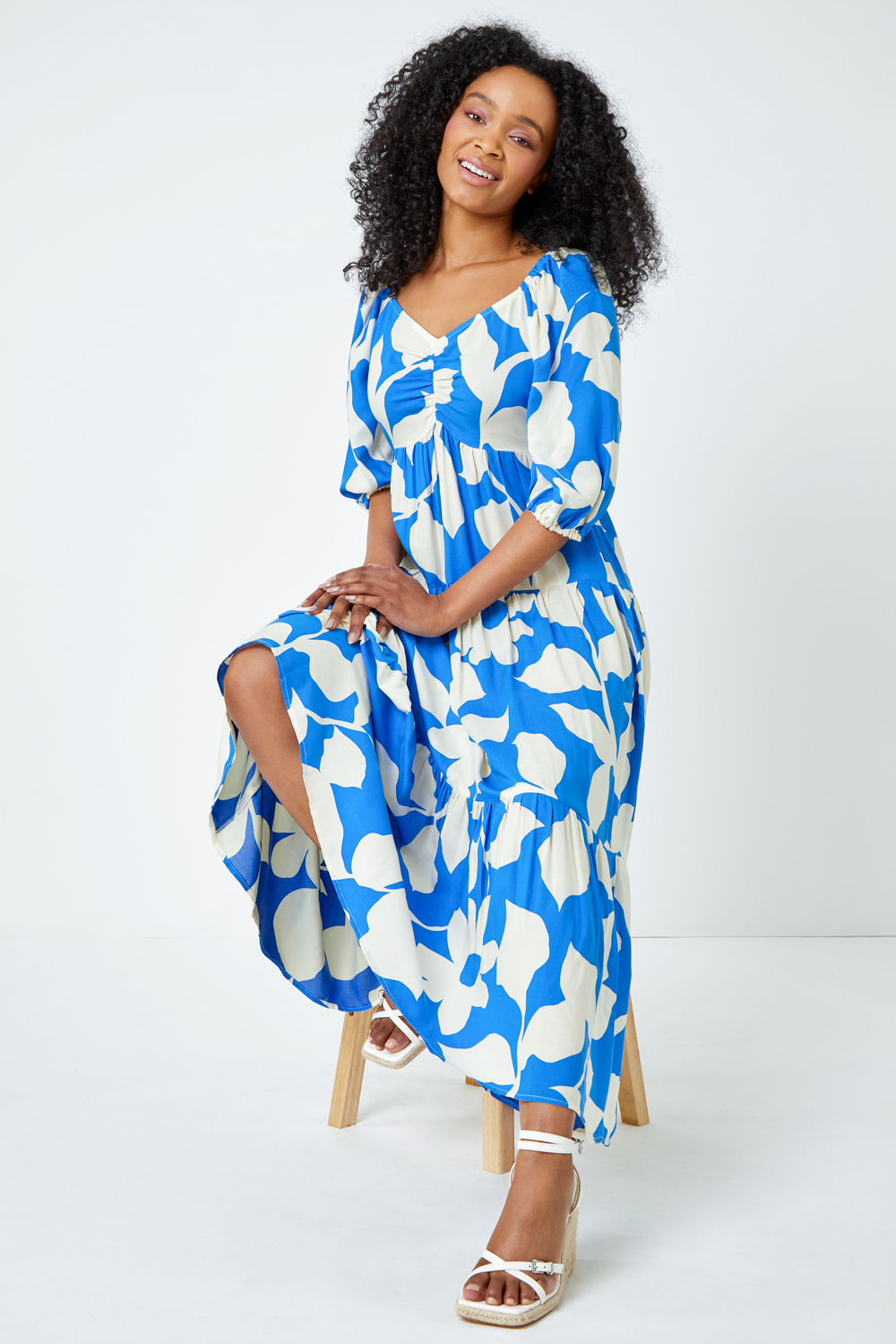 Blue Petite Floral Print Tiered Maxi Dress | Roman UK