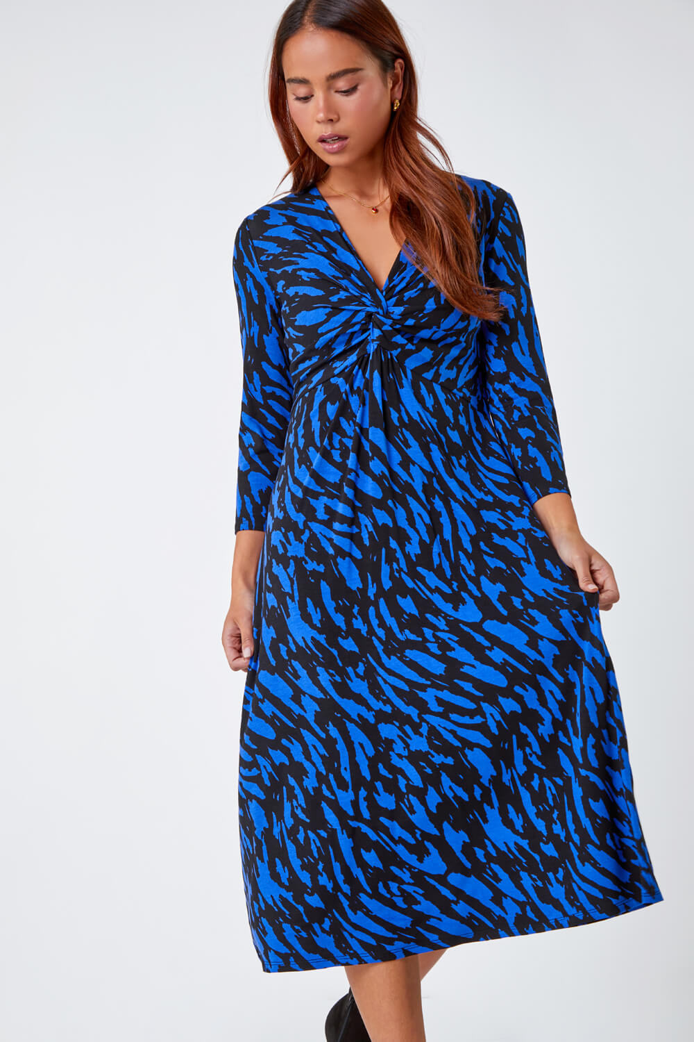 Blue Petite Abstract Knot Stretch Midi Dress, Image 4 of 5