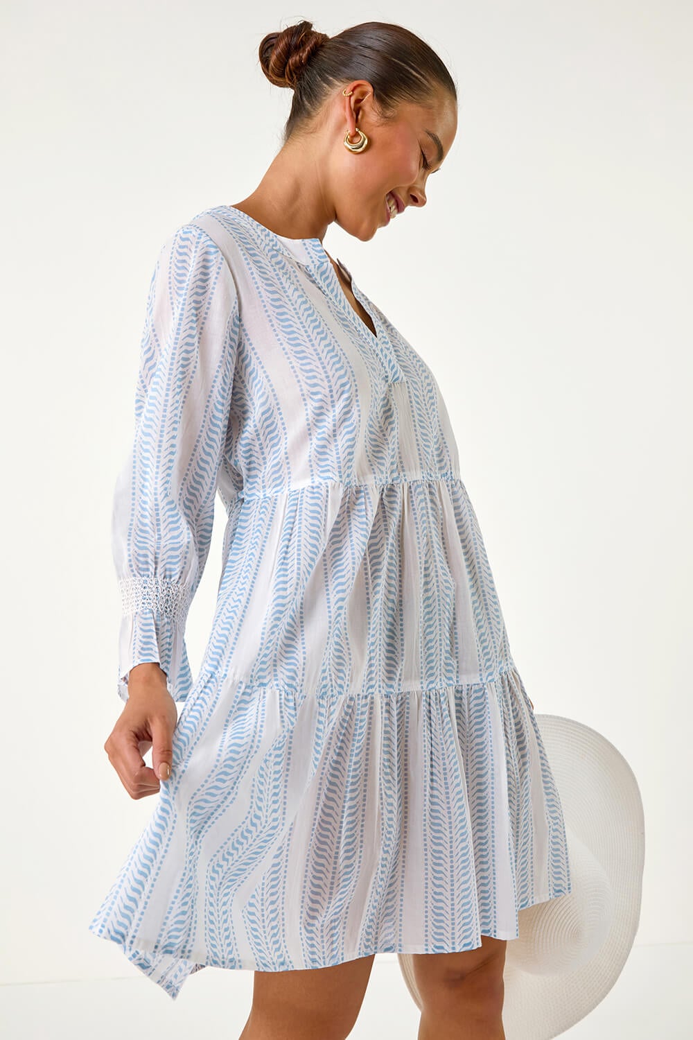 Blue Petite Cotton Stripe Tiered Smock Dress | Roman UK