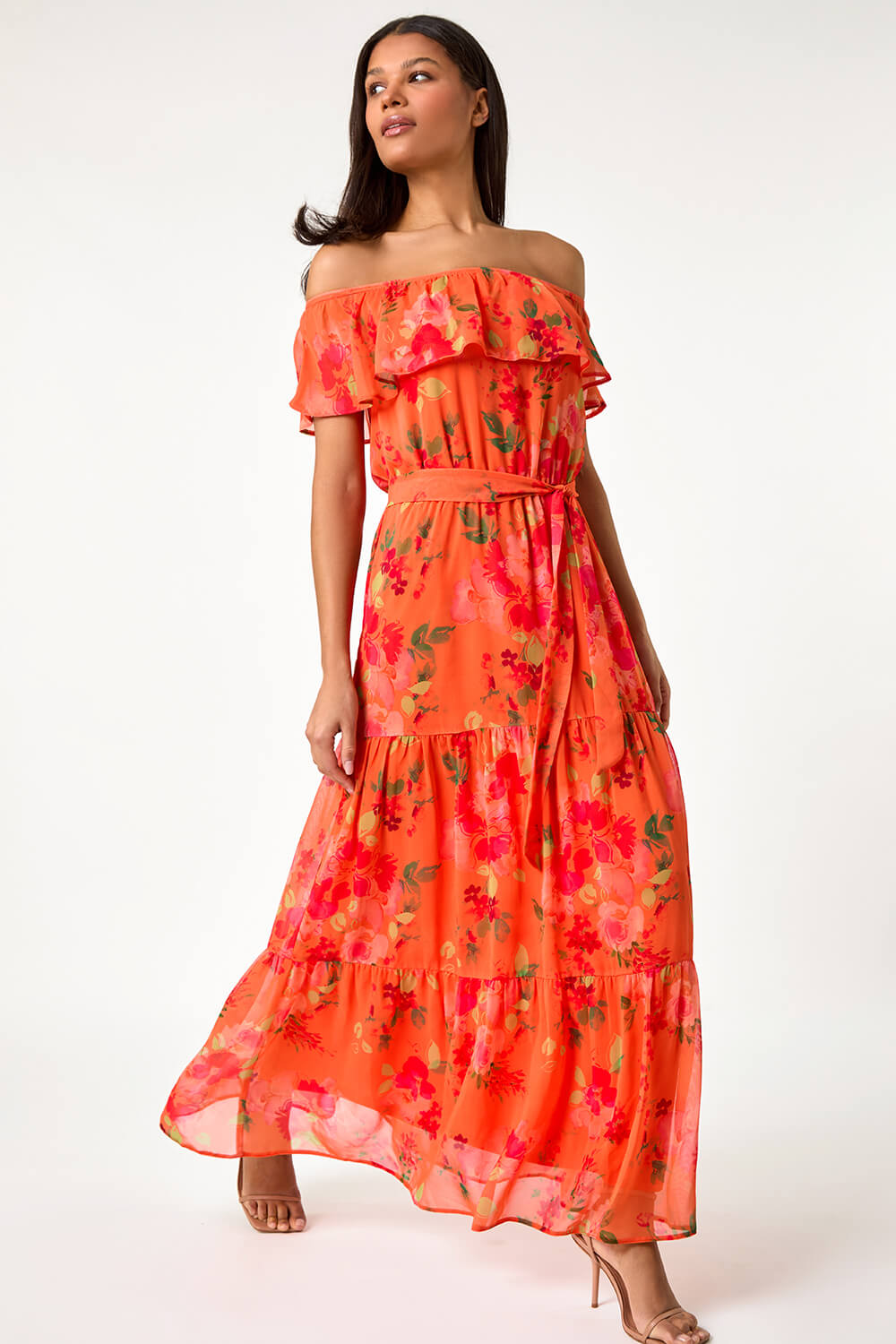 Orange Floral Tiered Bardot Belted Dress | Roman UK