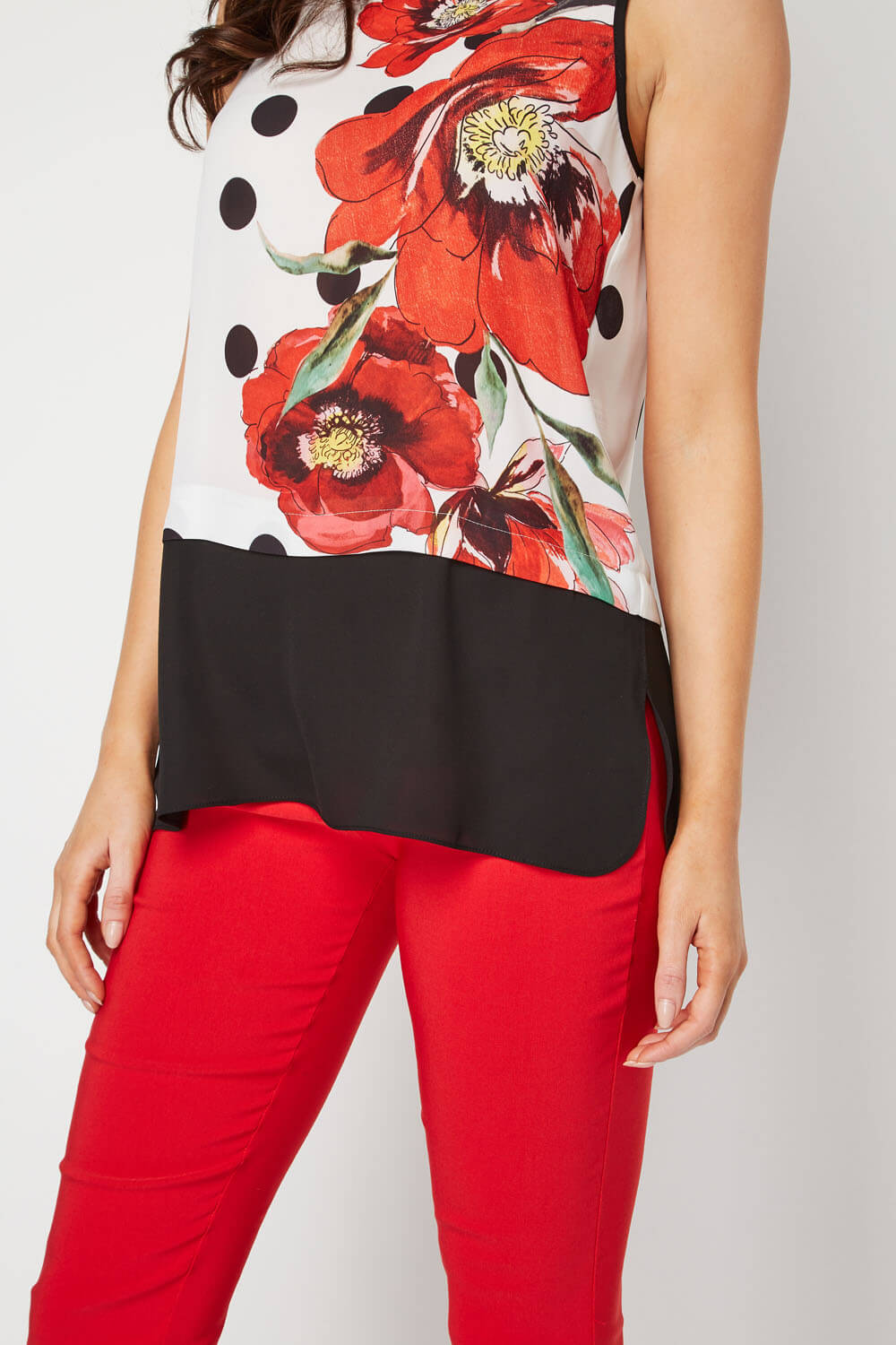Red Contrast Layer Spot Floral Top , Image 4 of 9