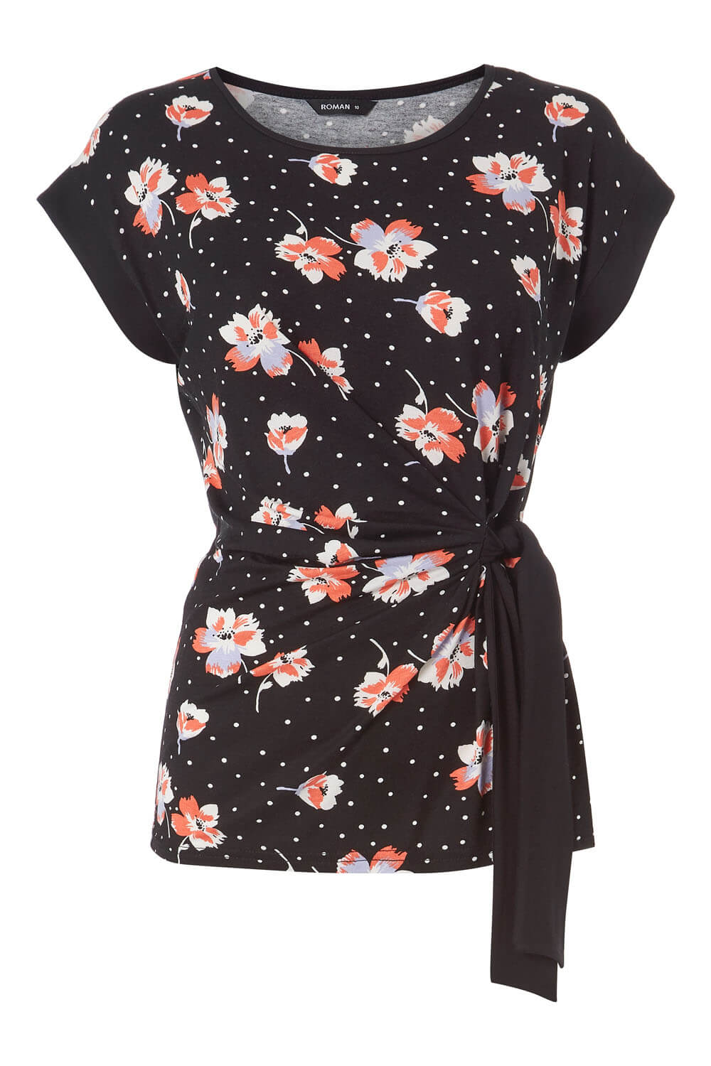 Black Floral Spot Print Side Tie Top, Image 3 of 3