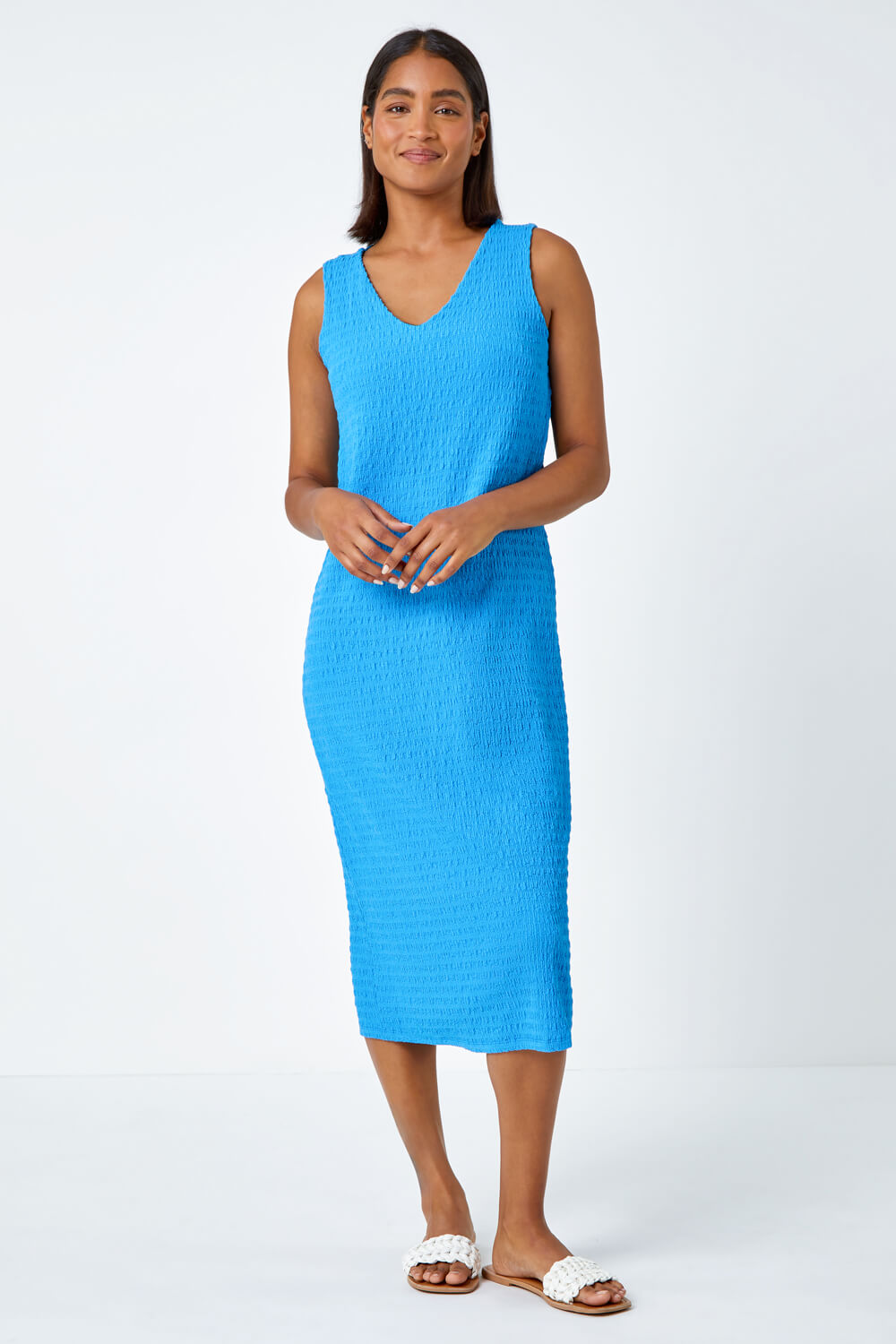Turquoise Sleeveless Textured Midi Stretch Dress, Image 2 of 5