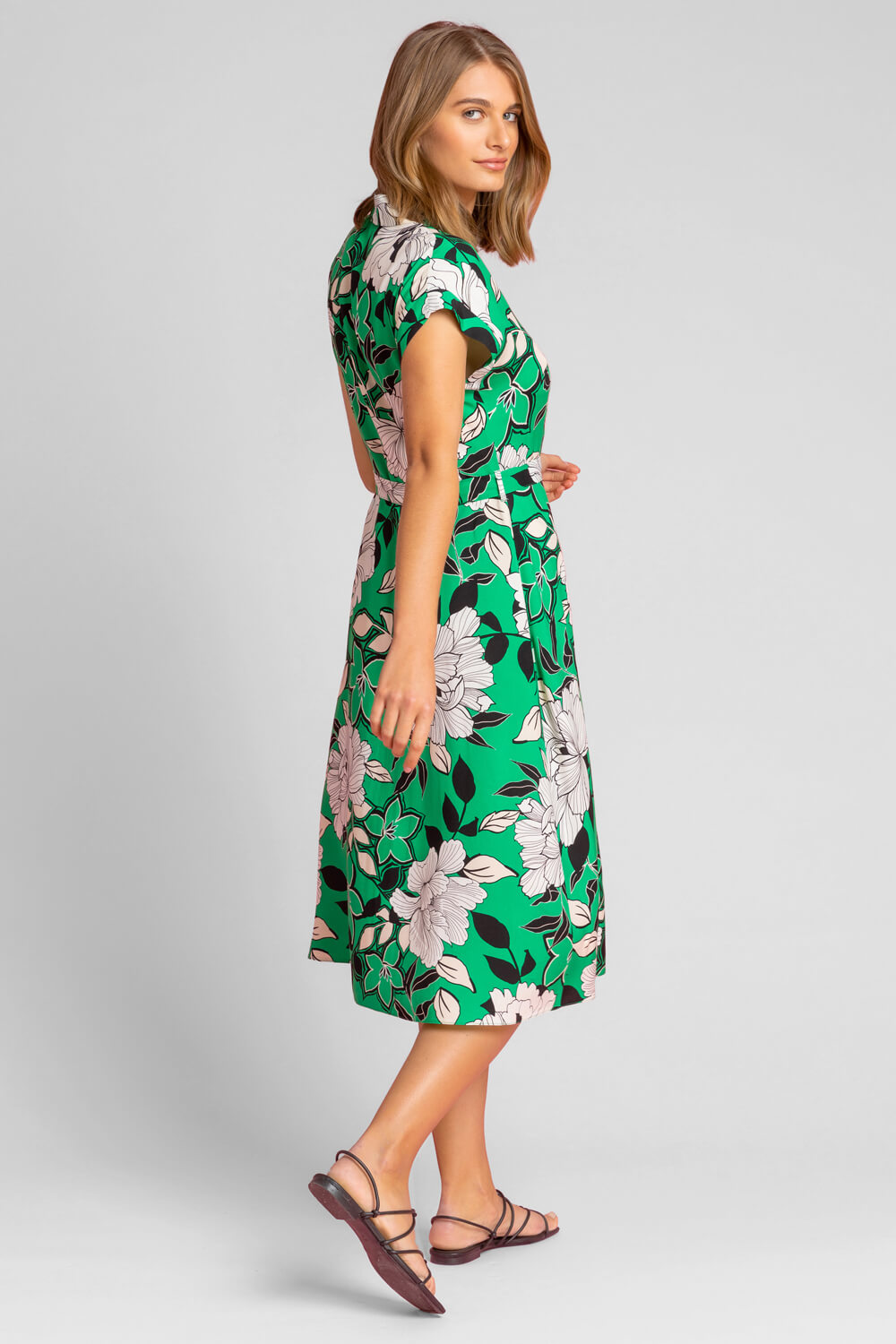 Green Floral Print Belted Shirt Dress, Image 2 of 4