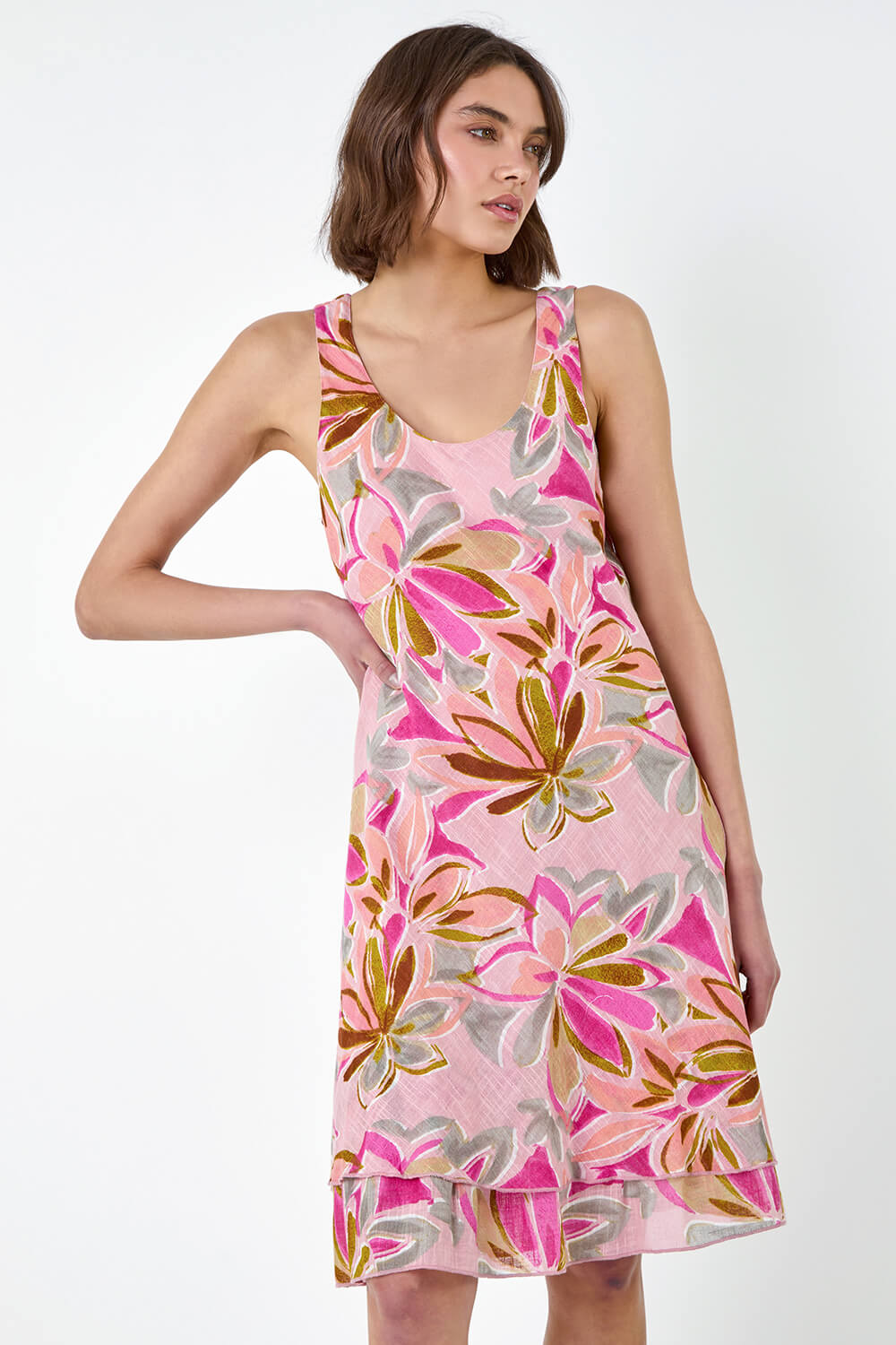 PINK Floral Print Cotton Layered Dress, Image 2 of 5