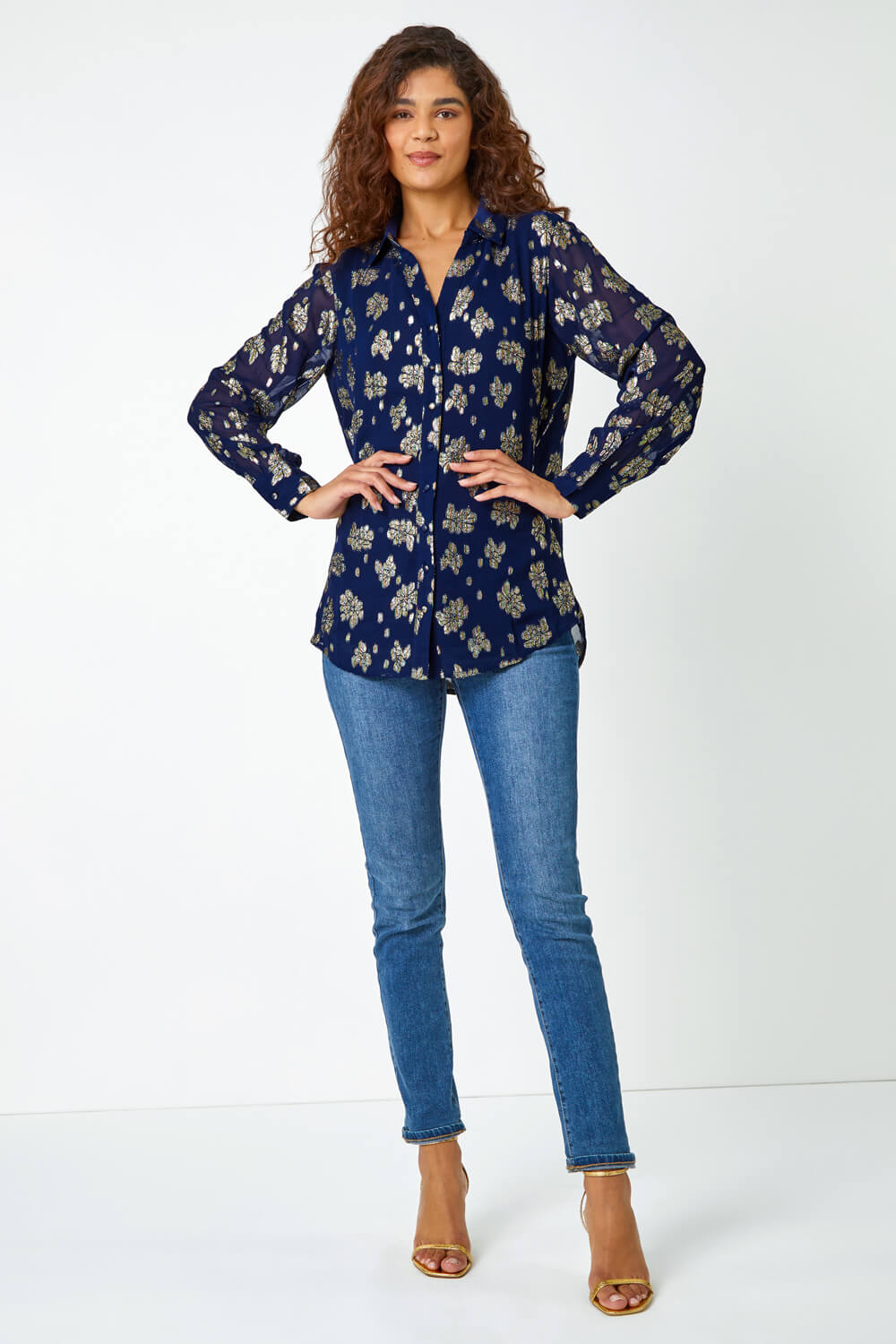 Midnight Blue Metallic Floral Print Blouse, Image 3 of 5
