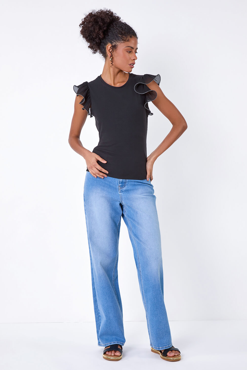 Black Ribbed Stretch Frill Detail Top, Image 2 of 7