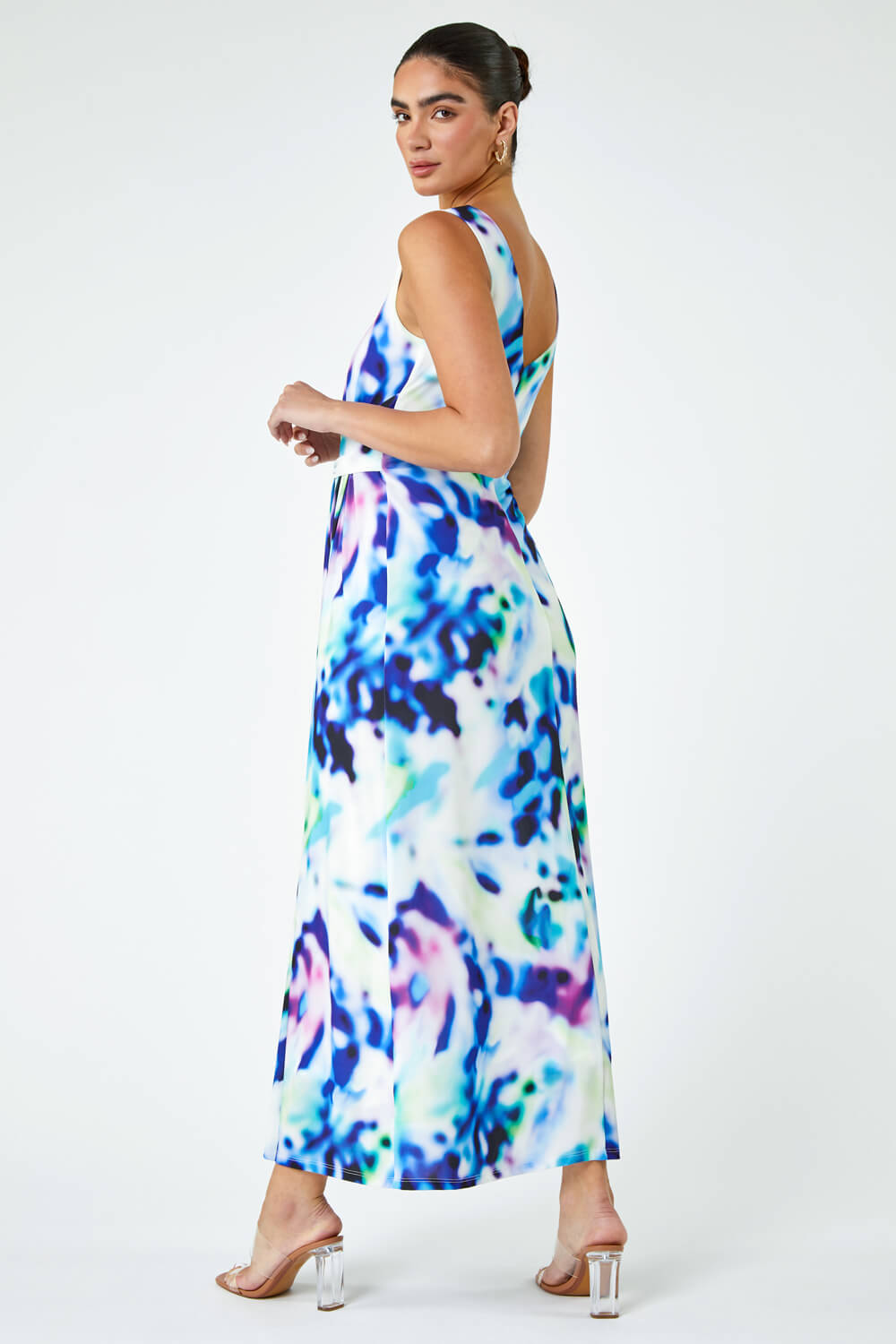 Blue Abstract Print Twist Drape Ruched Maxi Dress, Image 3 of 6