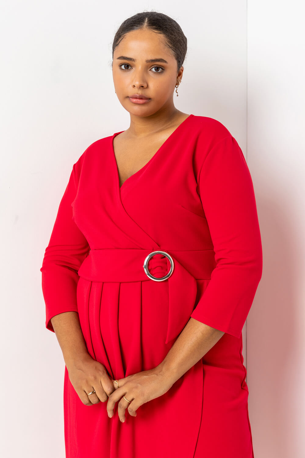 Red Curve Buckled Belt Ruched Wrap Dress, Image 4 of 5