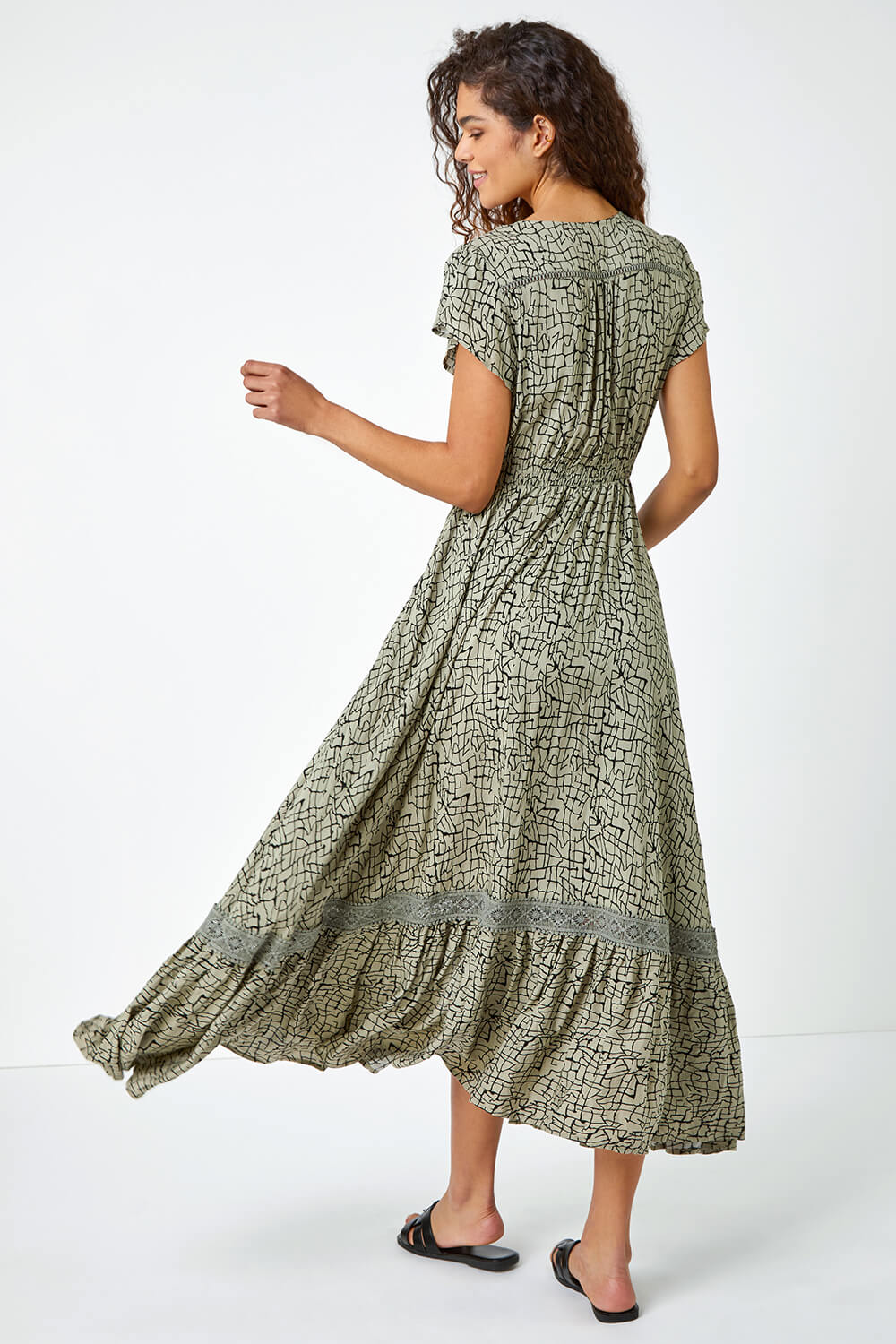 Scribble Print Button Through Maxi Dress in Khaki - Roman Originals UK