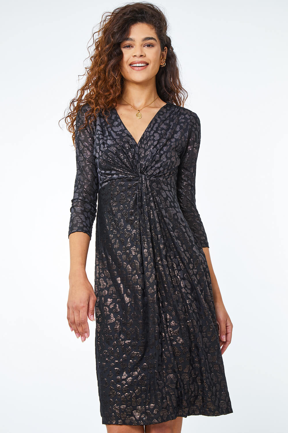 Black Leopard Print Shimmer Twist Wrap Dress, Image 2 of 5