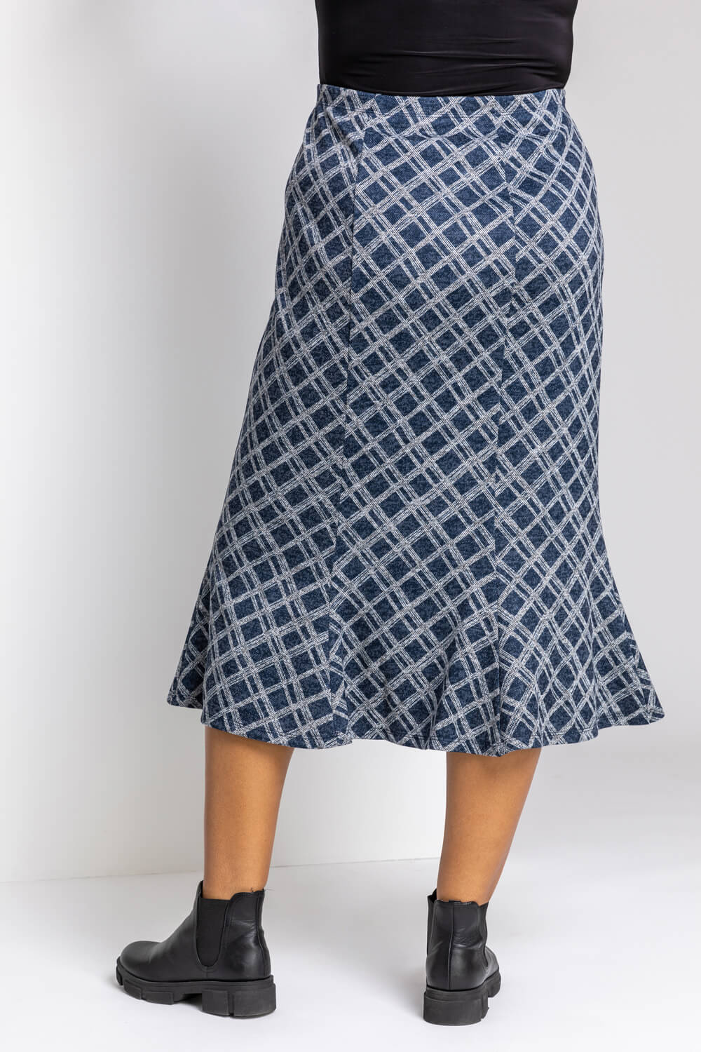 Navy  Curve Check Print Fluted Skirt, Image 3 of 4