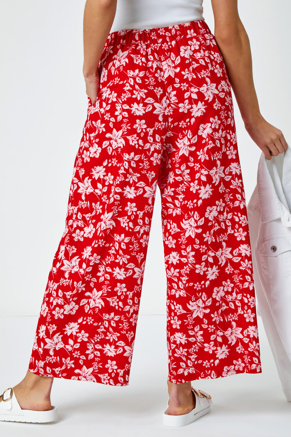 Red Floral Print Stretch Culottes, Image 3 of 5