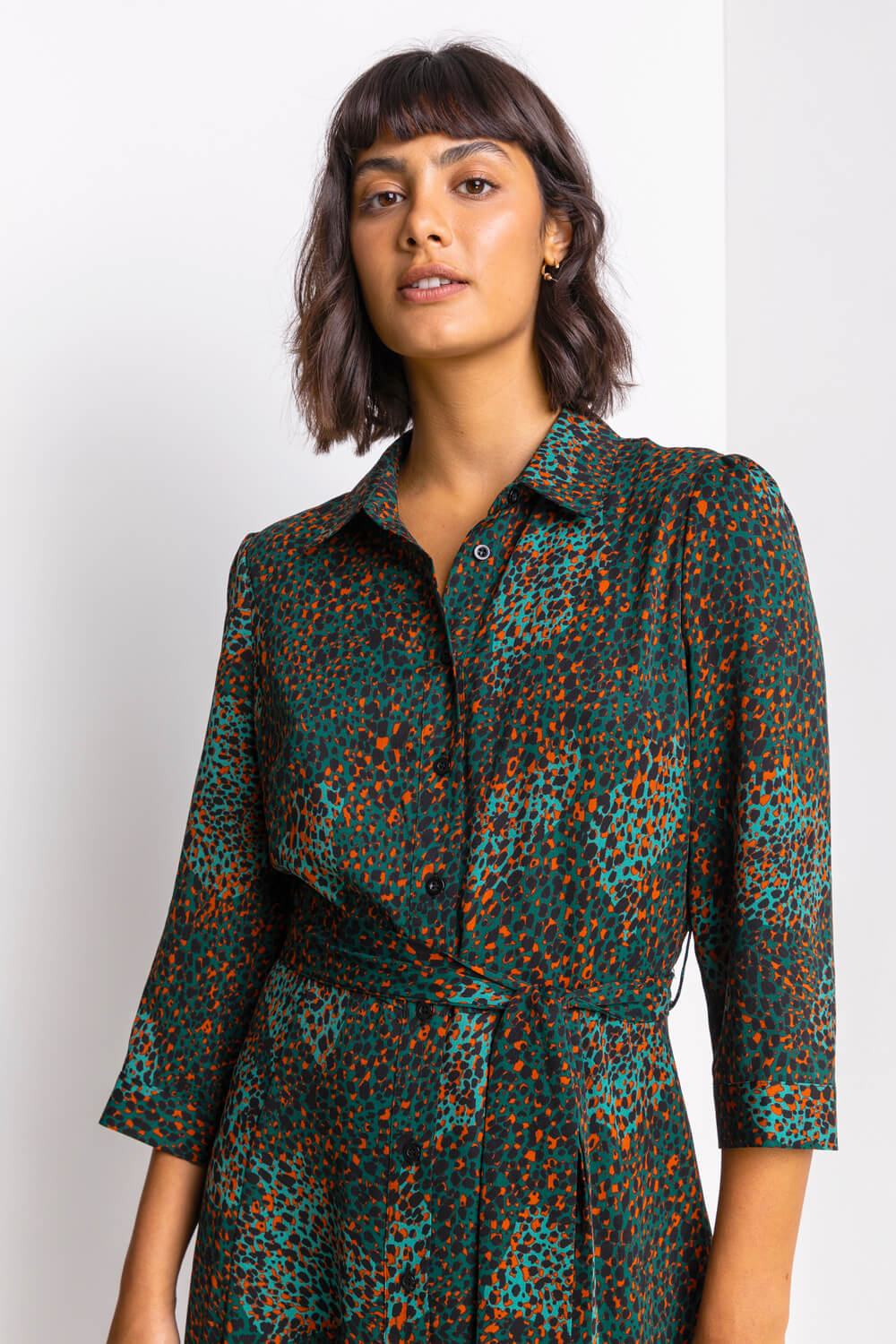 Green Abstract Animal Belted Shirt Dress, Image 5 of 5