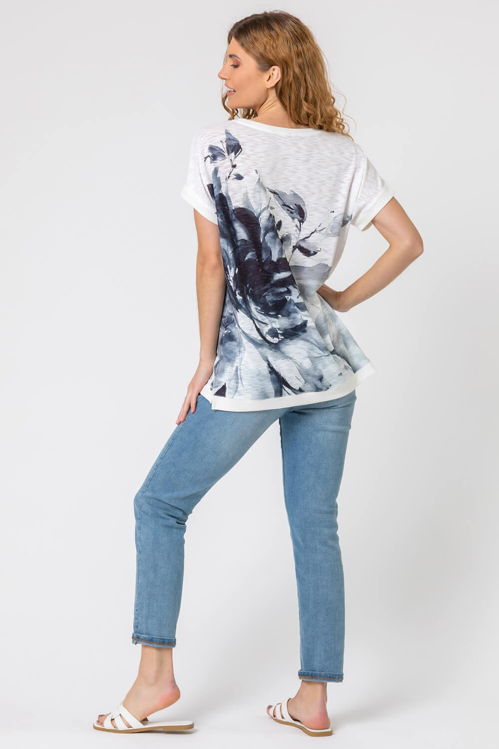 Navy  Floral Placement Print Embellished T-Shirt, Image 2 of 4